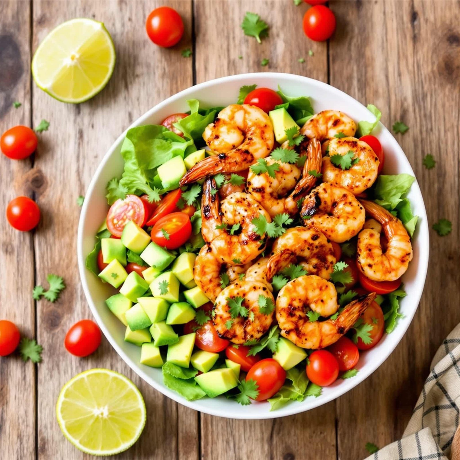 A colorful Spicy Cajun Shrimp Salad Bowl with grilled shrimp on greens, avocado, and tomatoes on a rustic table.