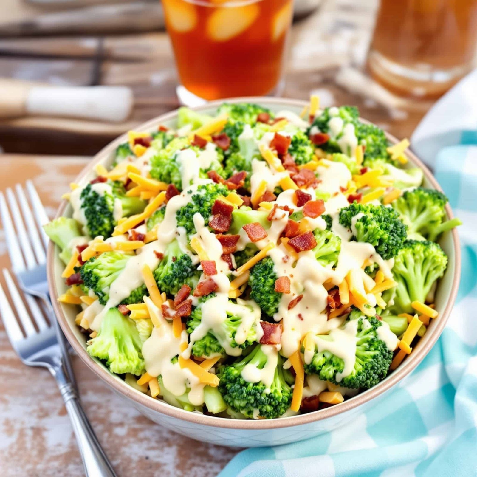 A fresh broccoli cheddar salad in a bowl with creamy dressing and bacon bits on a wooden table.