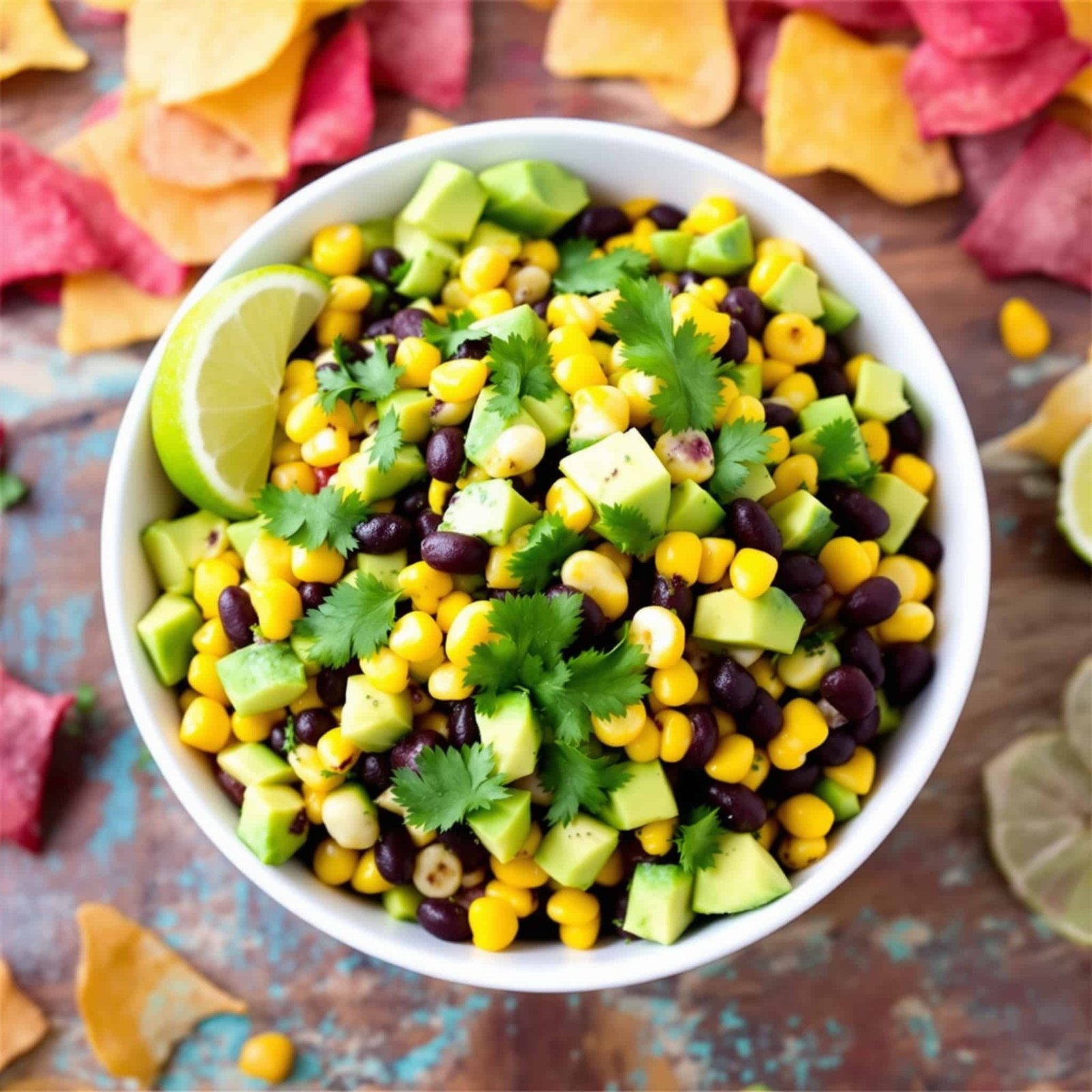 A vibrant avocado corn black bean salad with avocados, corn, and black beans in a bowl, garnished with cilantro and lime.