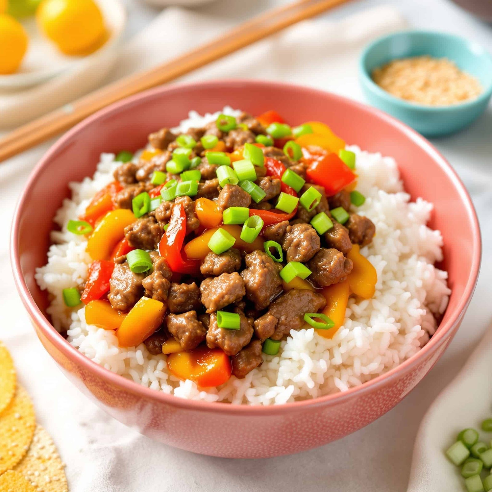 A delicious beef and pepper rice bowl with ground beef, bell peppers, and rice, garnished with green onions.