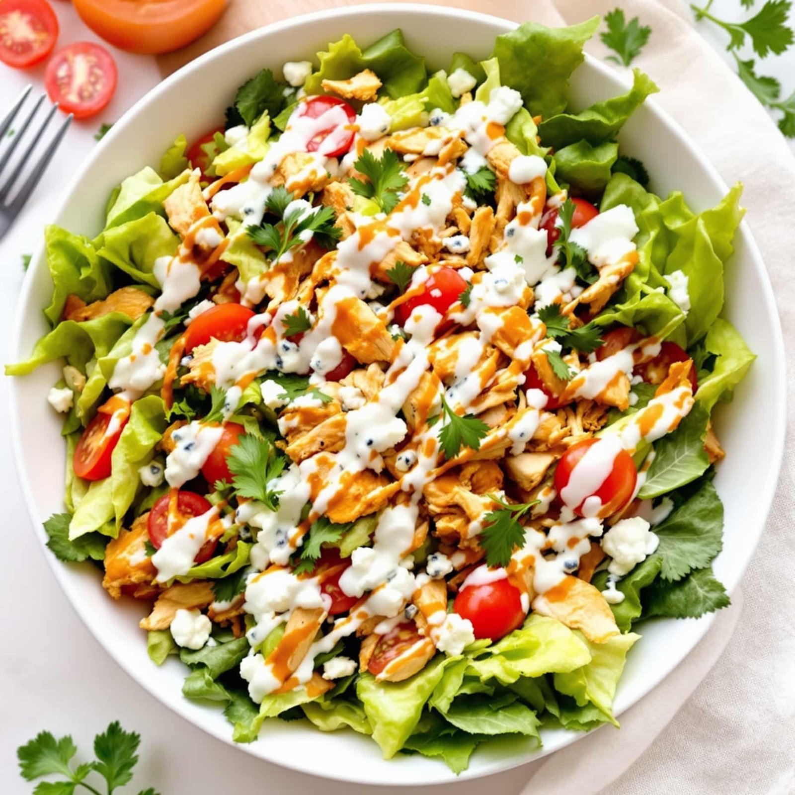 A vibrant buffalo chicken chopped salad with romaine lettuce, cherry tomatoes, blue cheese, and grilled chicken, drizzled with ranch dressing.