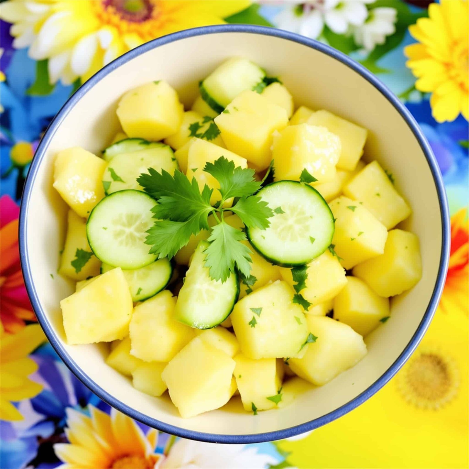 A refreshing pineapple and cucumber salad in a bowl, garnished with cilantro, perfect for summer.