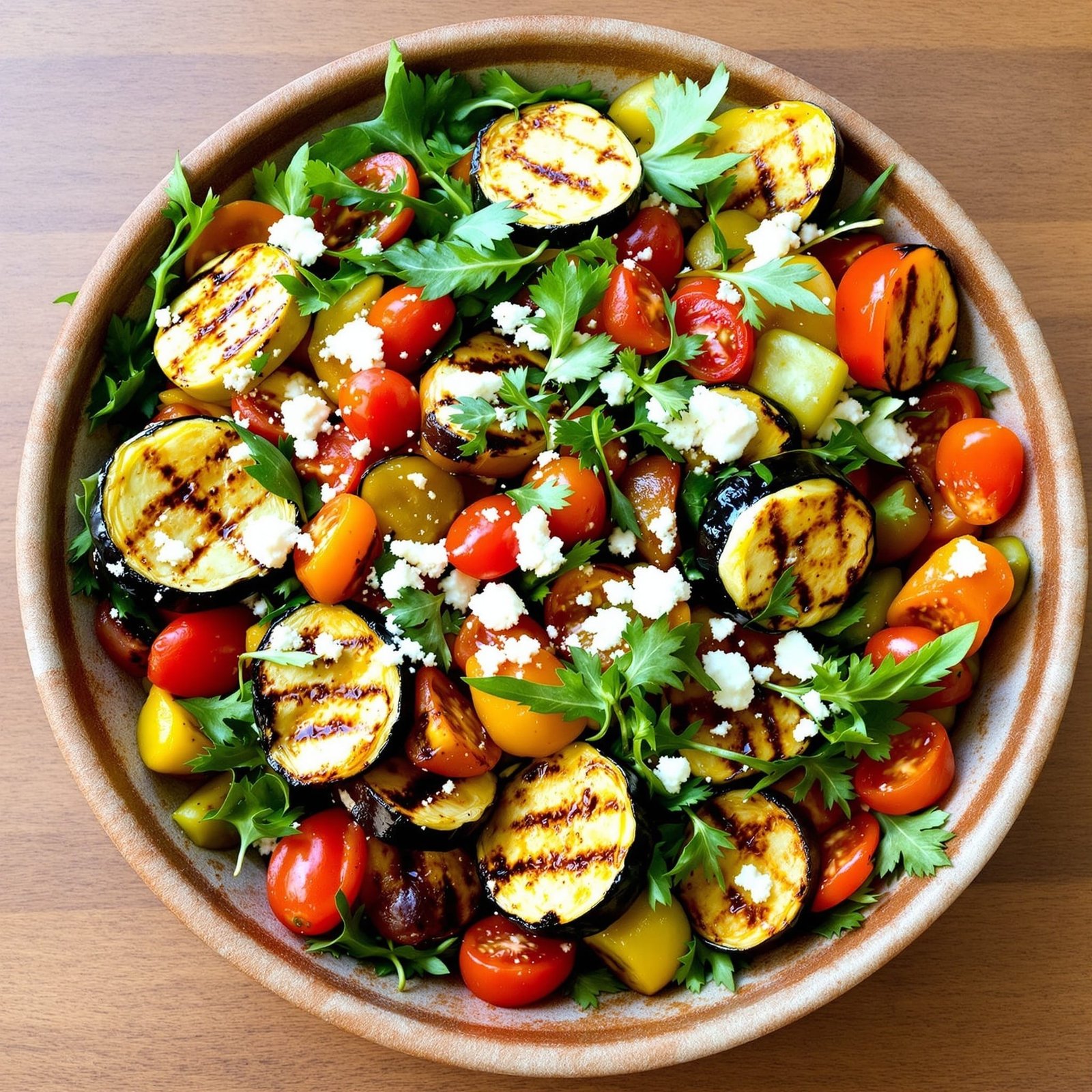 A vibrant Mediterranean grilled vegetable salad with zucchini, bell peppers, eggplant, cherry tomatoes, mixed greens, and feta cheese.