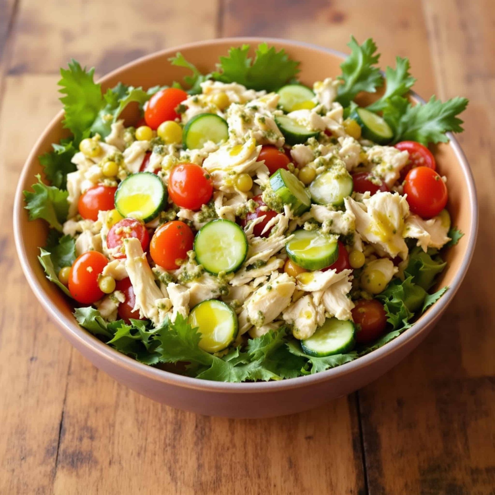 Creamy Pesto Chicken Salad Recipe A vibrant bowl of creamy pesto chicken salad with shredded chicken, cherry tomatoes, cucumber on a bed of mixed greens.