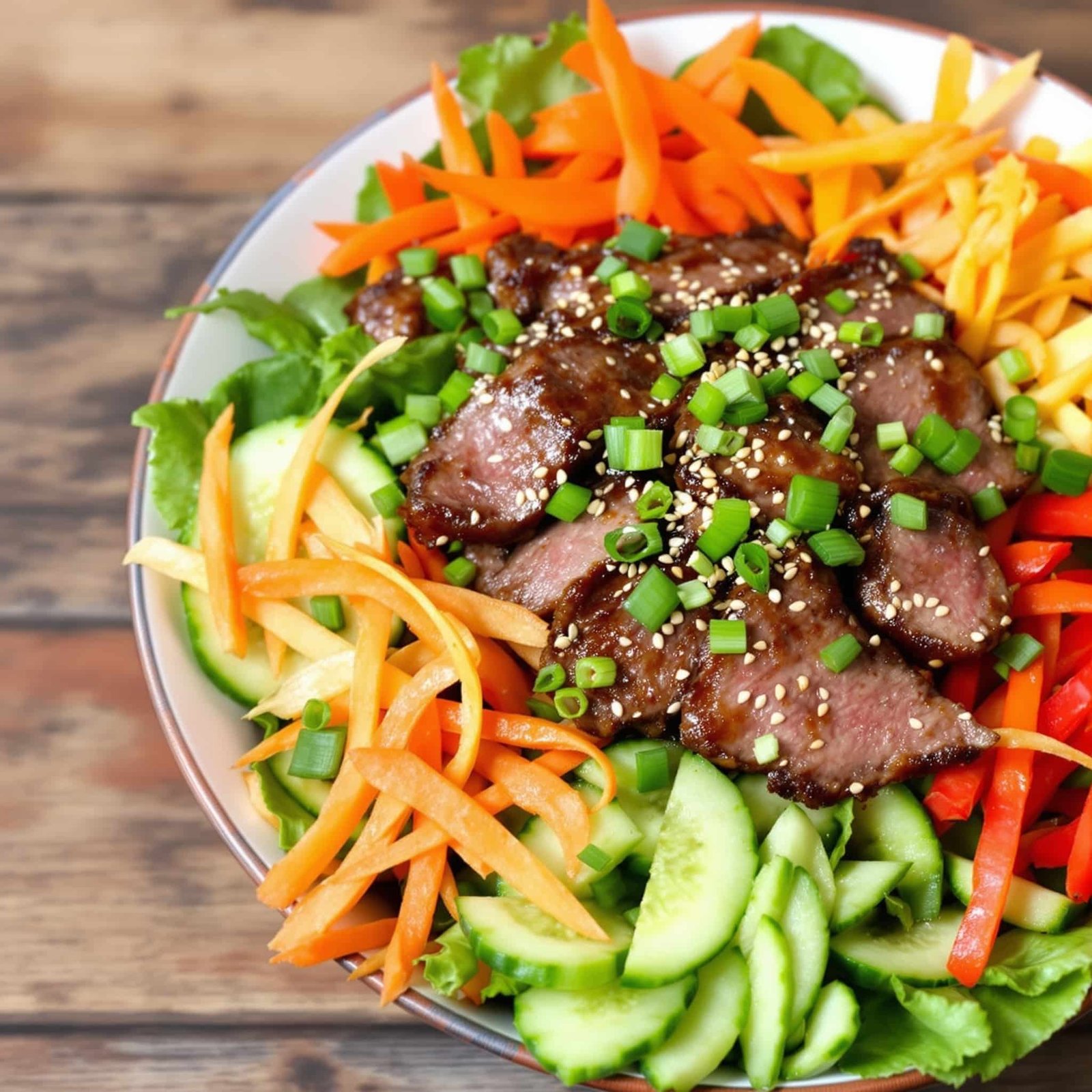 Spicy Korean Beef Salad Bowl Recipe A Spicy Korean Beef Salad Bowl with marinated beef, salad greens, carrots, cucumbers, and sesame seeds.