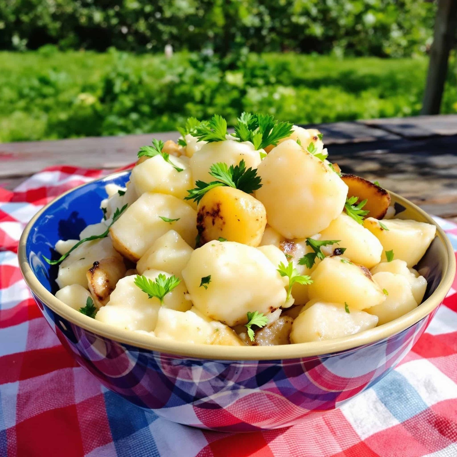Roasted Garlic Potato Salad Recipe A colorful bowl of roasted garlic potato salad with parsley, on a sunny picnic table.