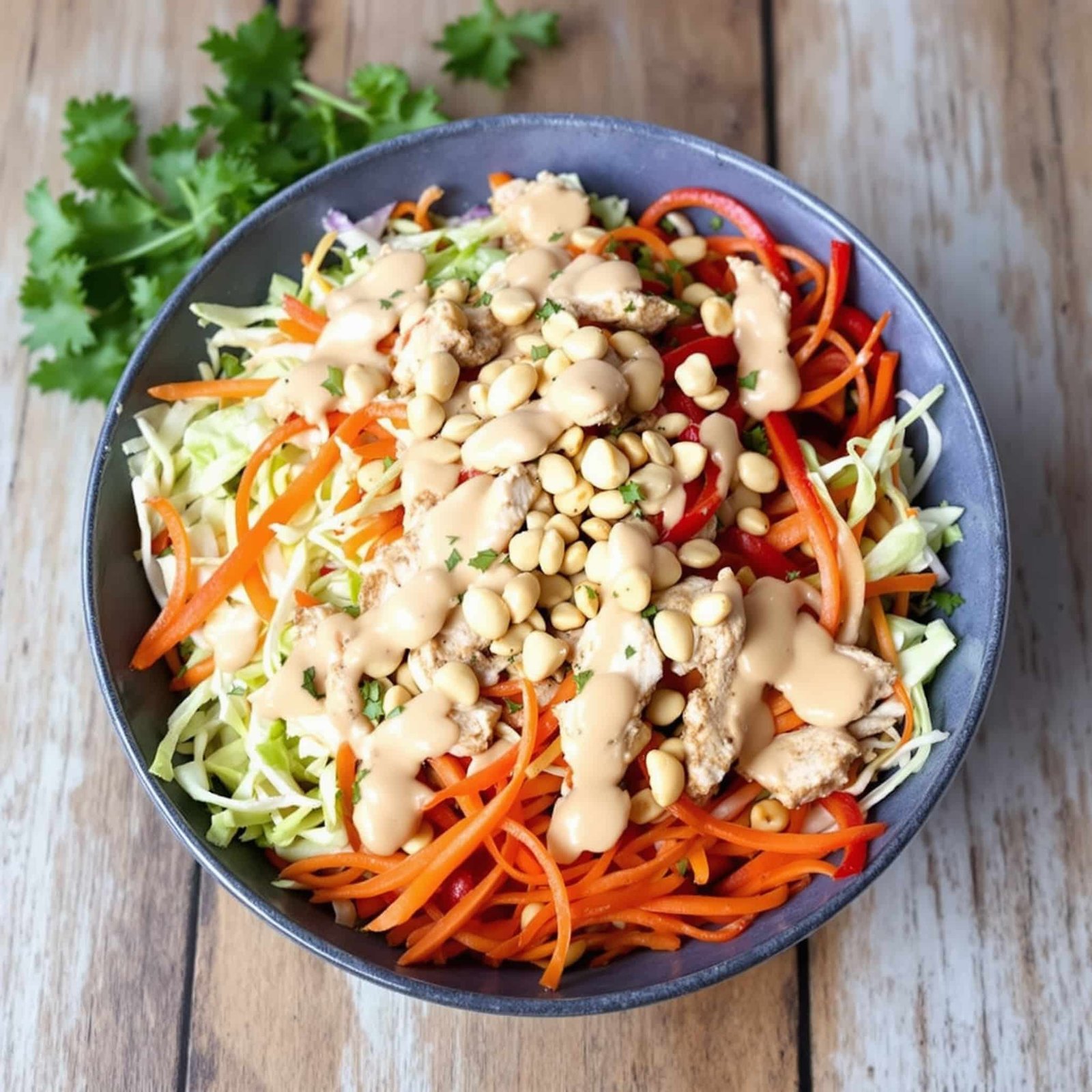 A colorful Crunchy Thai Chicken Salad Bowl with chicken, vegetables, and peanuts, showcasing freshness and flavor.