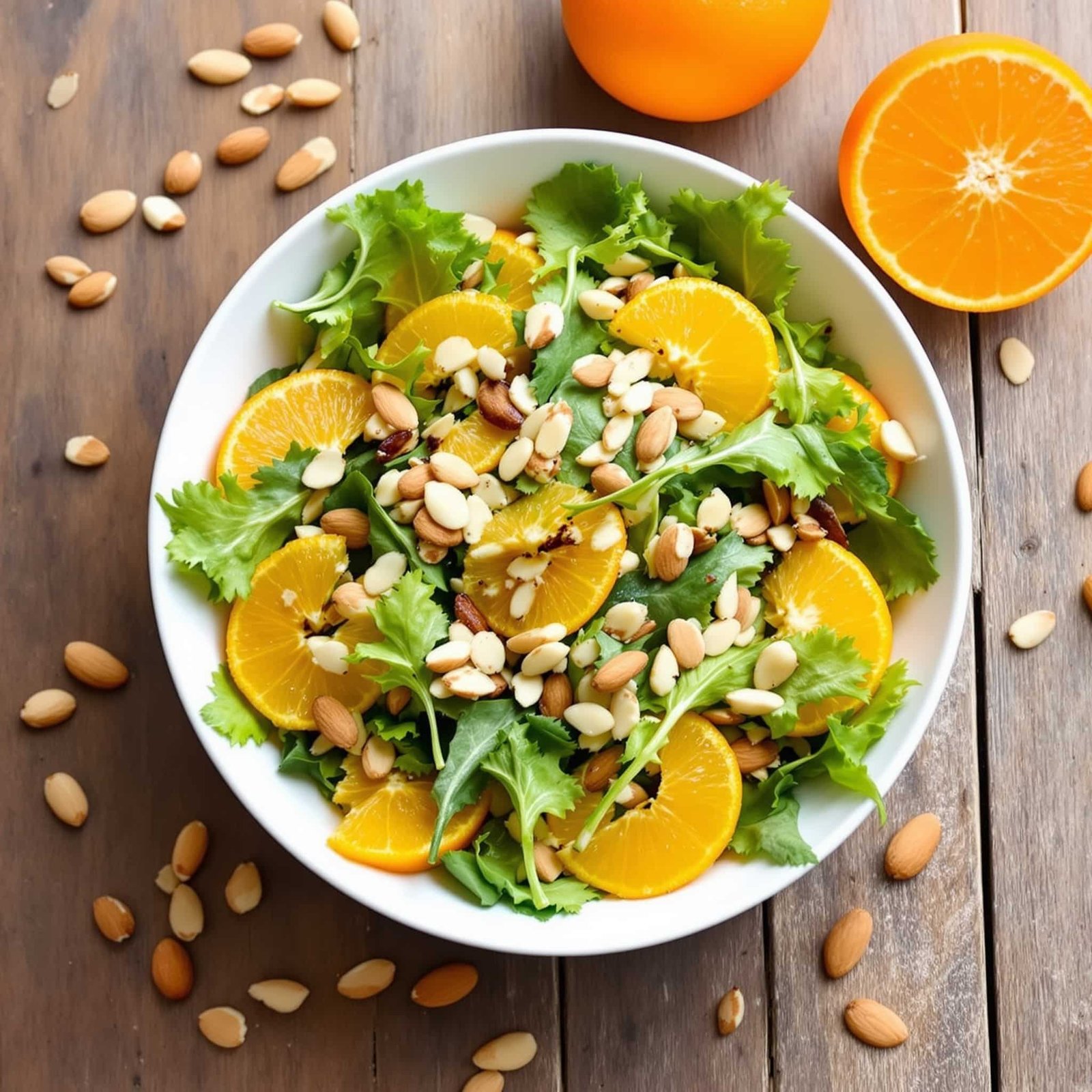 Fresh Orange Almond Salad with greens, orange slices, and toasted almonds in a white bowl on a wooden table.