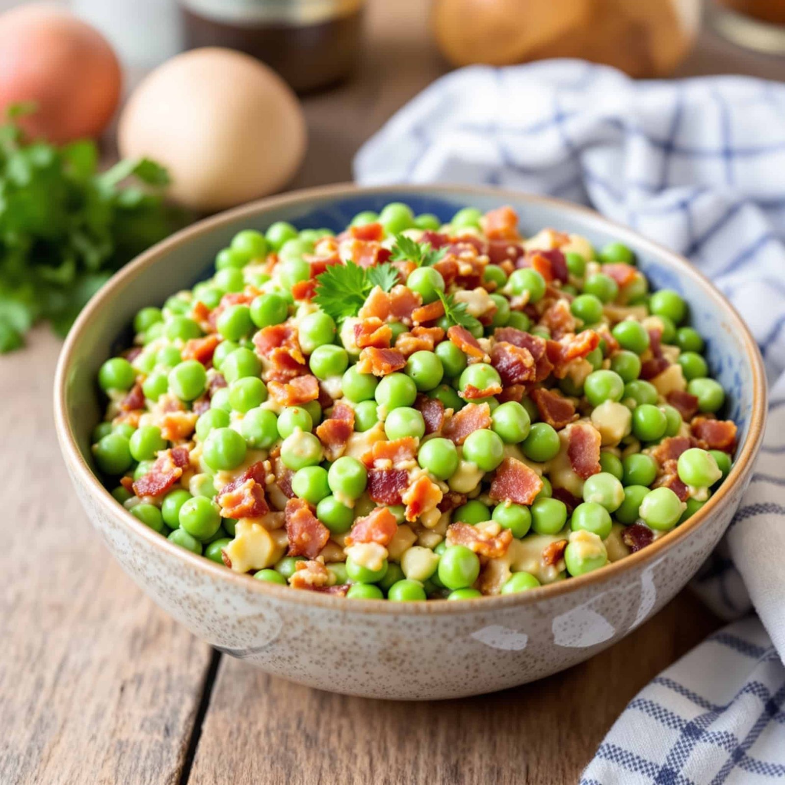 Creamy Bacon Pea Salad Recipe A colorful bowl of creamy bacon pea salad with peas and bacon, garnished with parsley, on a wooden table.