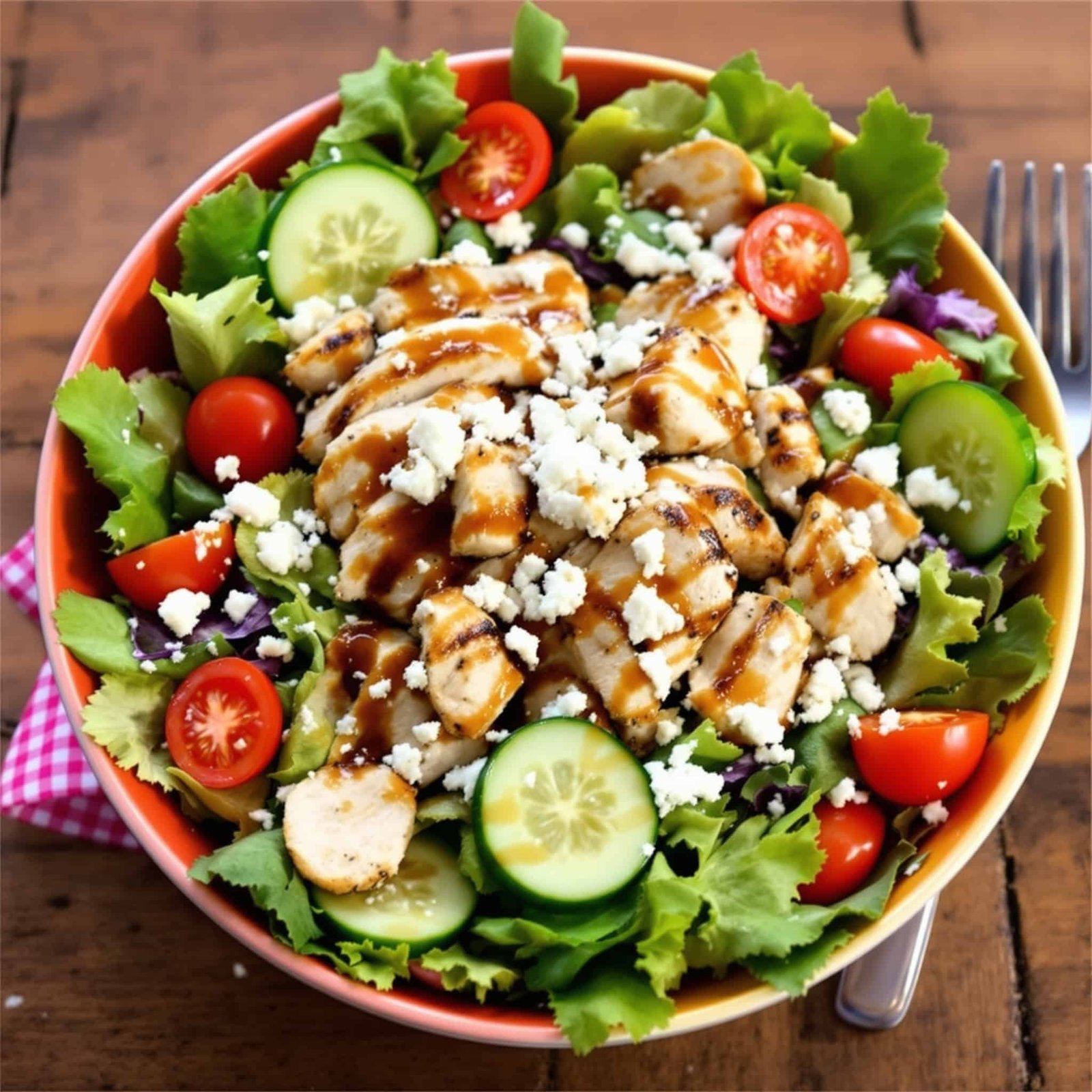 Honey Balsamic Grilled Chicken Salad Recipe A delicious Honey Balsamic Grilled Chicken Salad with mixed greens, sliced grilled chicken, tomatoes, and feta on a wooden table.