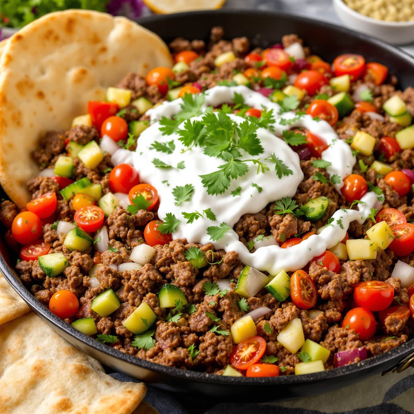 A flavorful beef gyro skillet with seasoned ground beef, tomatoes, and cucumber garnished with tzatziki and parsley, served with pita.