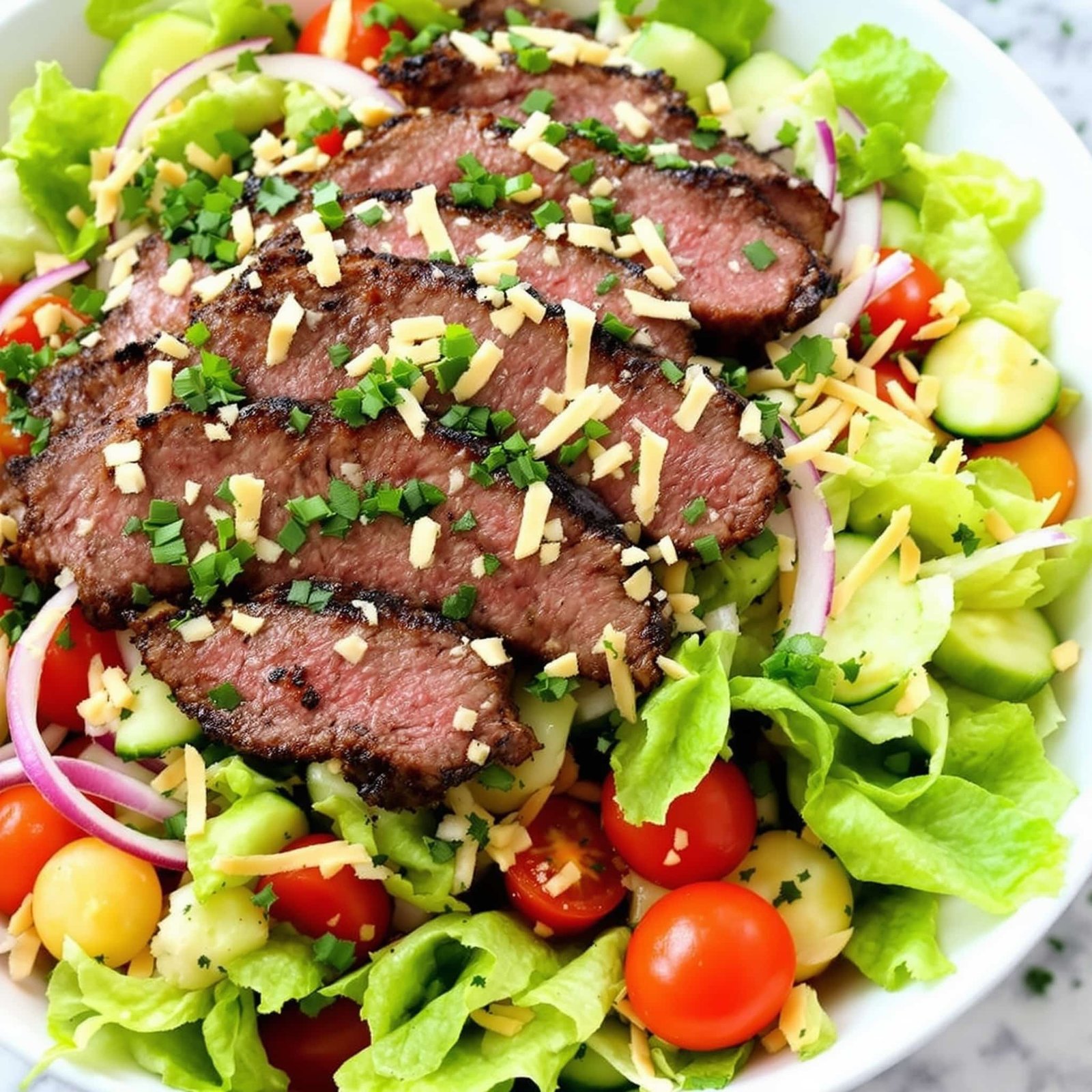 Grilled Steakhouse Chopped Salad Recipe A bowl of Grilled Steakhouse Chopped Salad with grilled steak, lettuce, tomatoes, cucumber, and cheese, garnished with herbs.