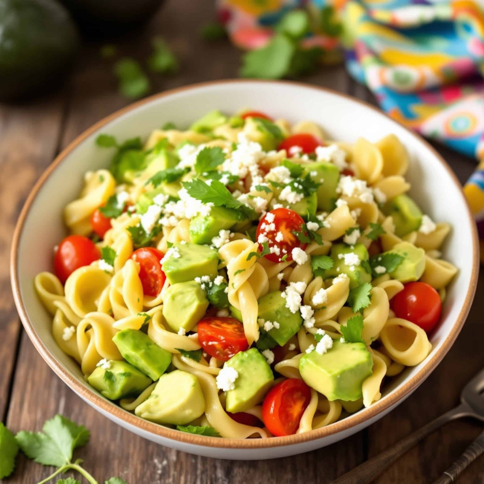 Creamy Avocado Pasta Salad Recipe A colorful bowl of creamy avocado pasta salad with tomatoes and cilantro, garnished with feta cheese on a wooden table.