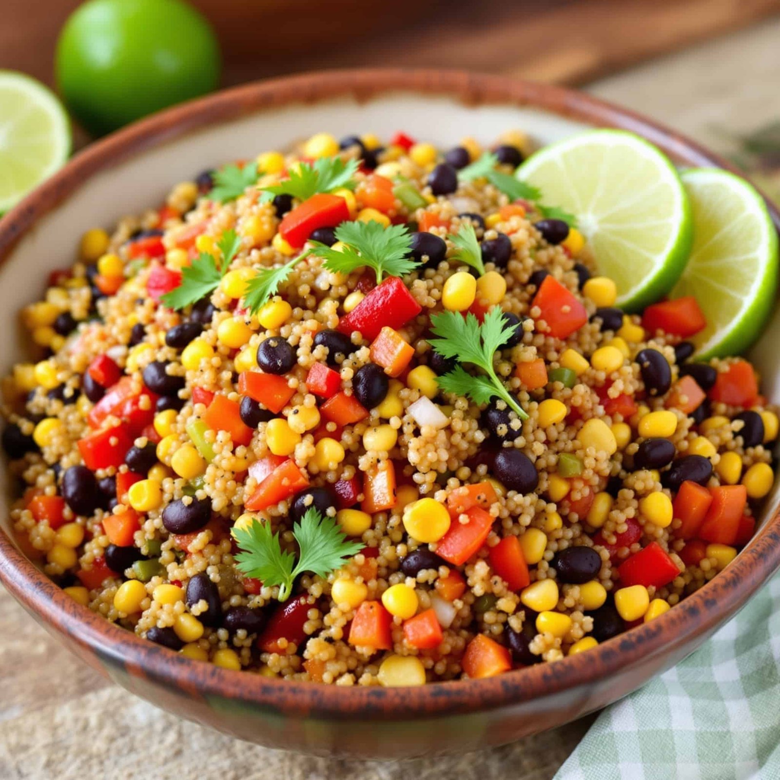 Spicy Southwest Quinoa Salad Recipe Spicy Southwest Quinoa Salad with quinoa, black beans, corn, bell peppers, and cilantro in a rustic bowl with lime wedges.