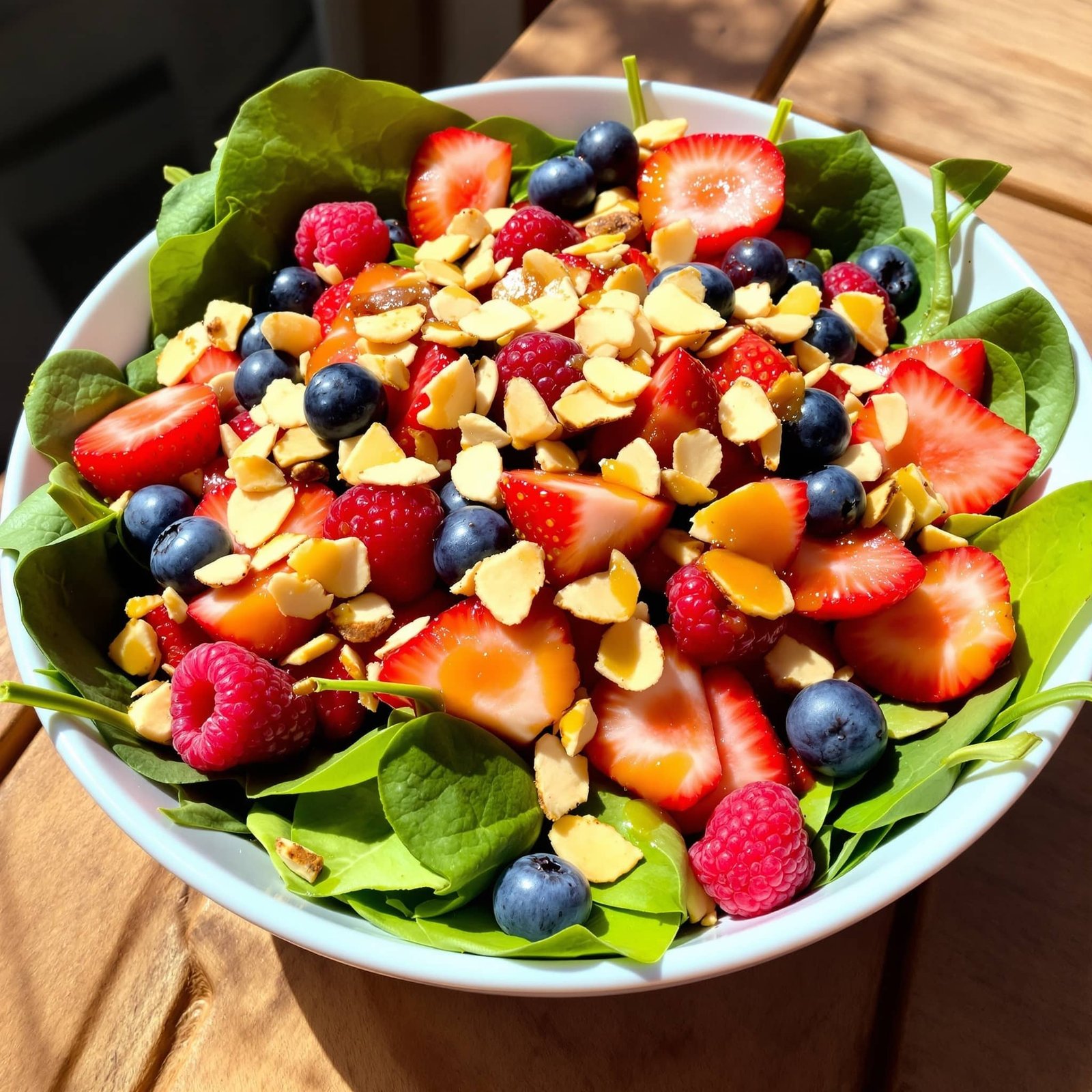 A fresh berry spinach salad with strawberries, blueberries, and raspberries in a bowl, drizzled with honey vinaigrette, garnished with nuts on a wooden table.
