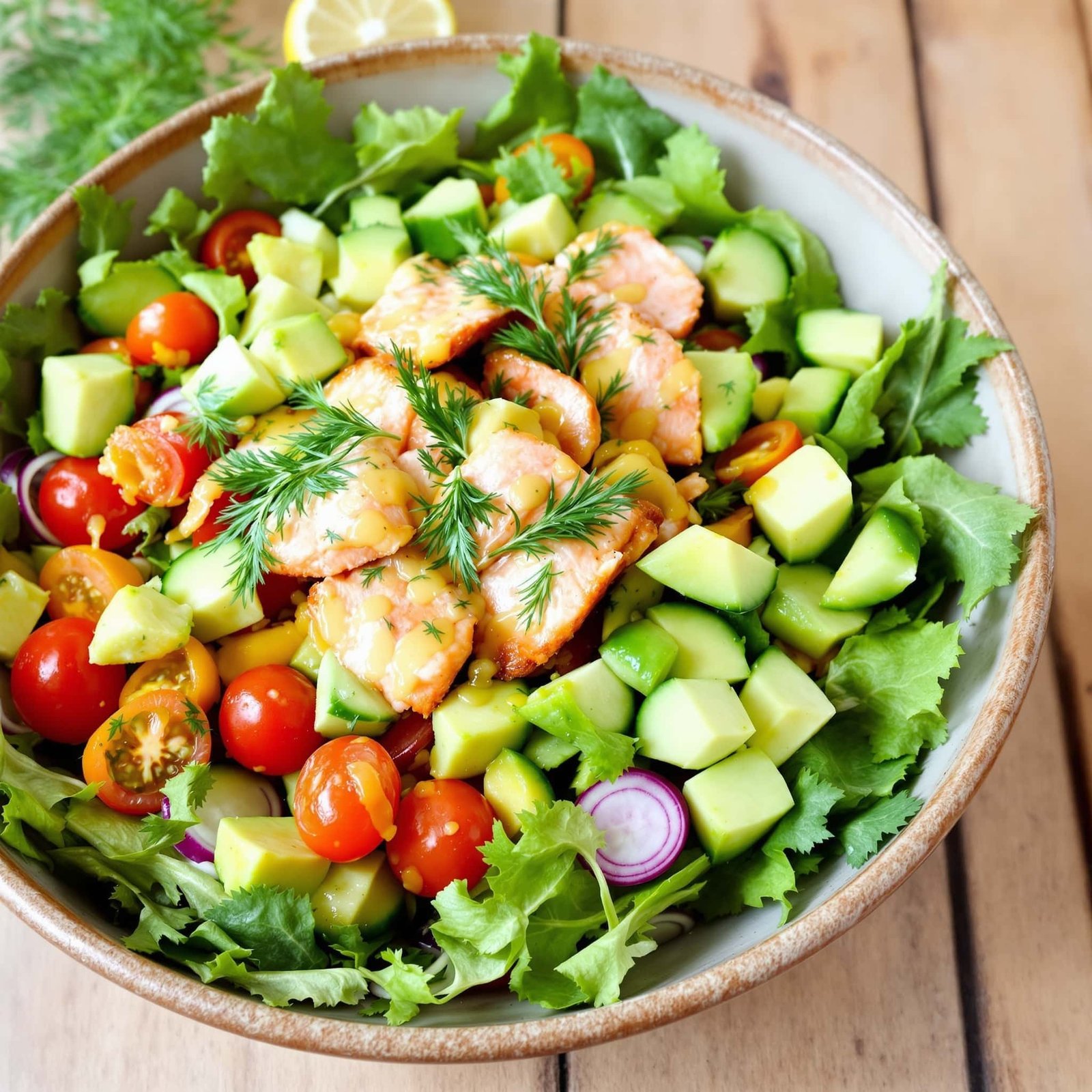 A colorful salmon salad bowl with greens, cherry tomatoes, cucumber, avocado, and lemon-dill dressing.