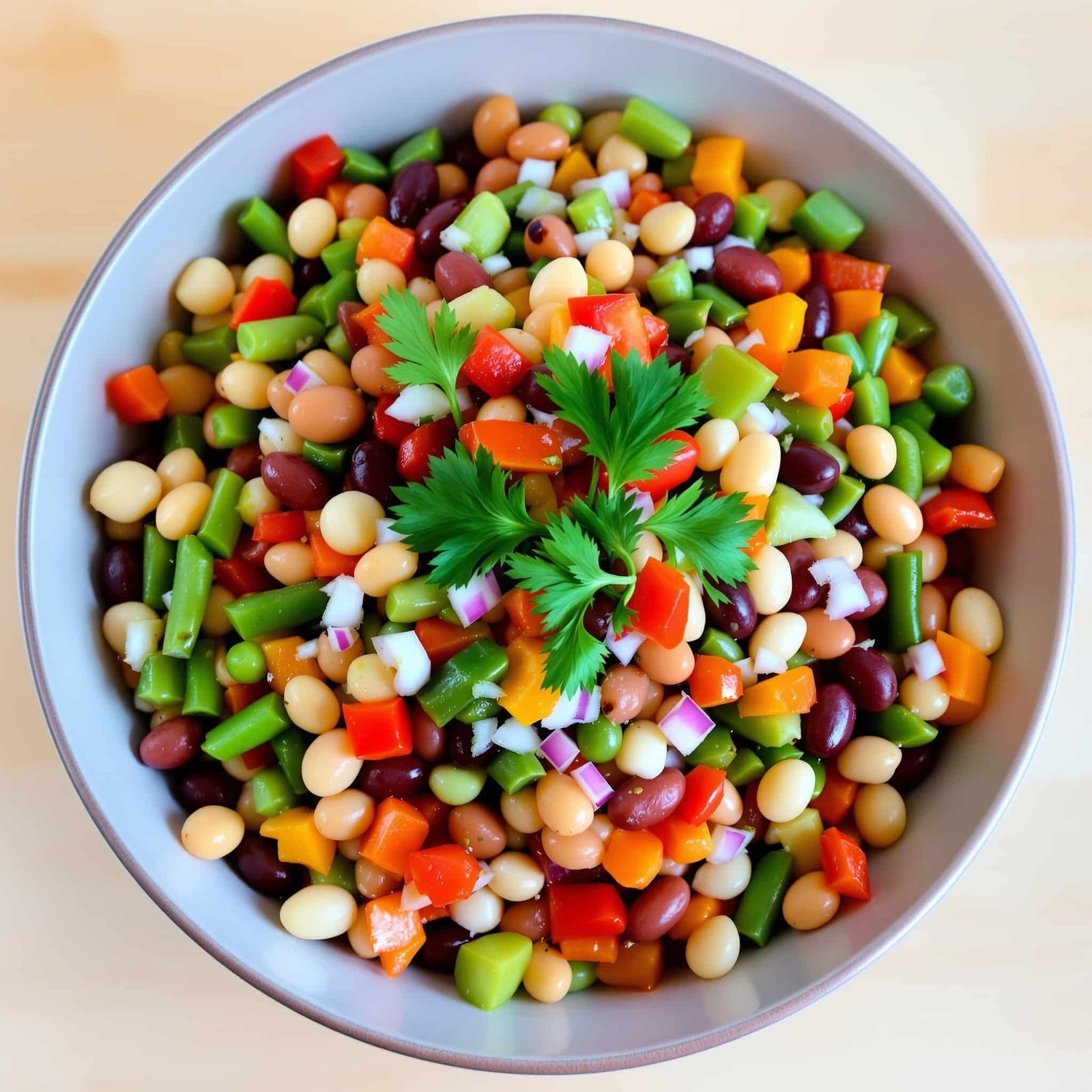 Vibrant three bean salad with kidney, garbanzo, and green beans, dotted with bell peppers and onion, in a clear bowl on a light wooden table.