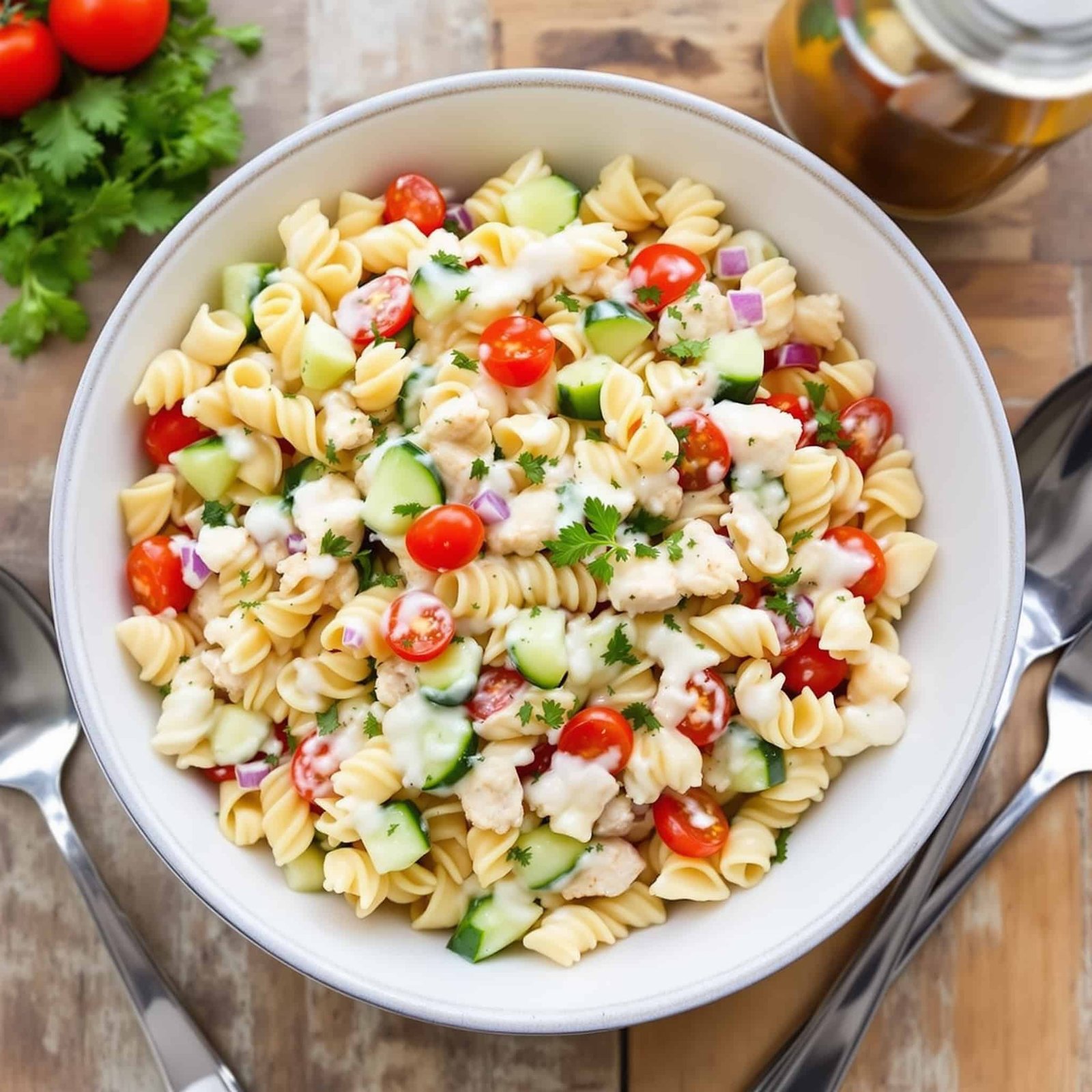 A generous serving of creamy chicken pasta salad with colorful tomatoes and cucumbers in a bowl, garnished with herbs.