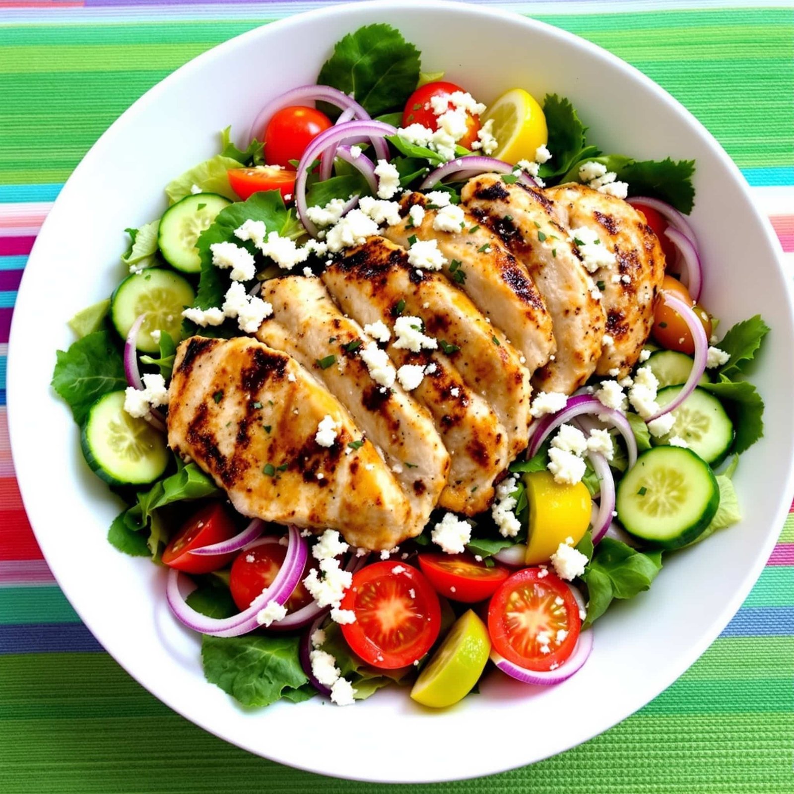 Grilled chicken salad with greens, tomatoes, cucumber, red onion, and feta cheese in a white bowl, garnished with vinaigrette.