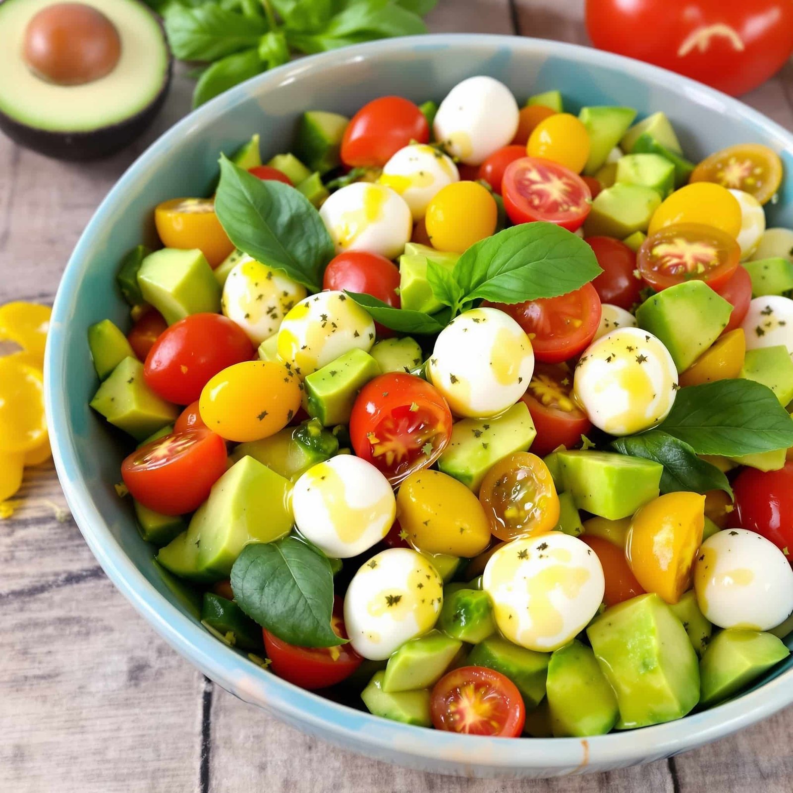 A colorful avocado tomato mozzarella salad with avocados, cherry tomatoes, mozzarella, and basil in a bowl.