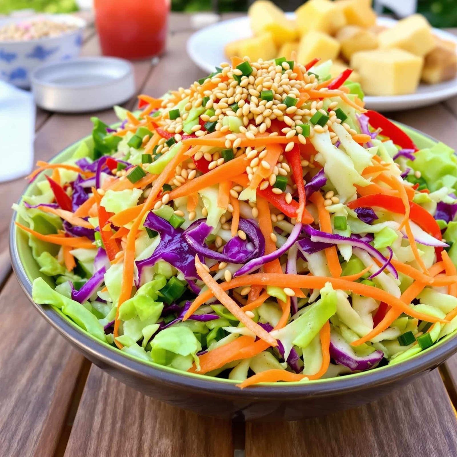 A colorful bowl of Crunchy Asian Slaw Salad with cabbage, carrots, bell peppers, and sesame seeds, set on a wooden table.