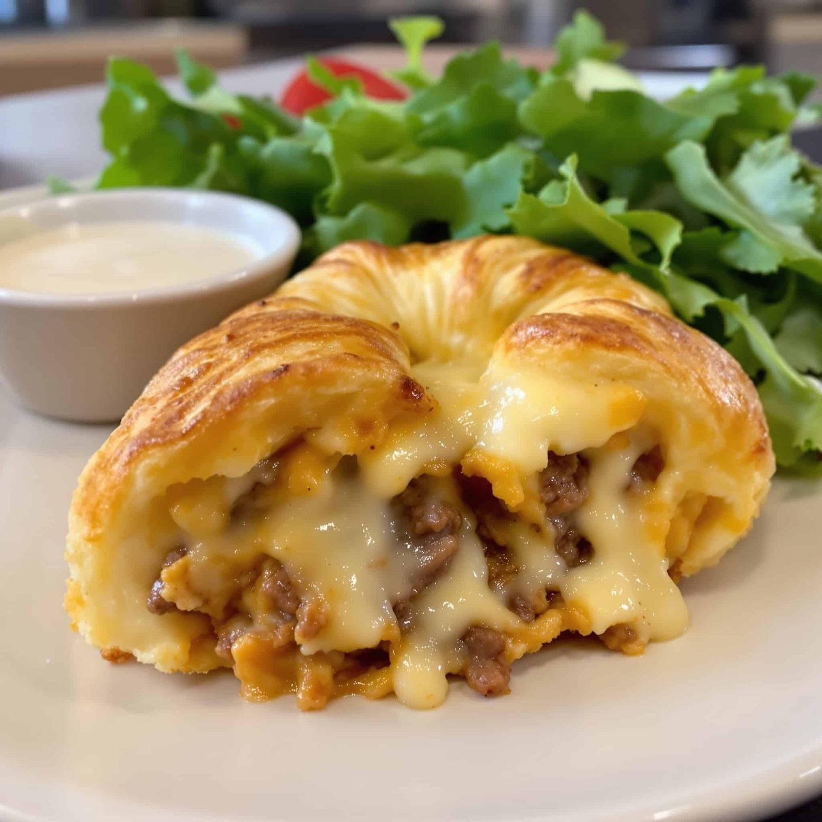 Golden brown cheesy beef crescent bake on a plate with a fresh salad on the side.