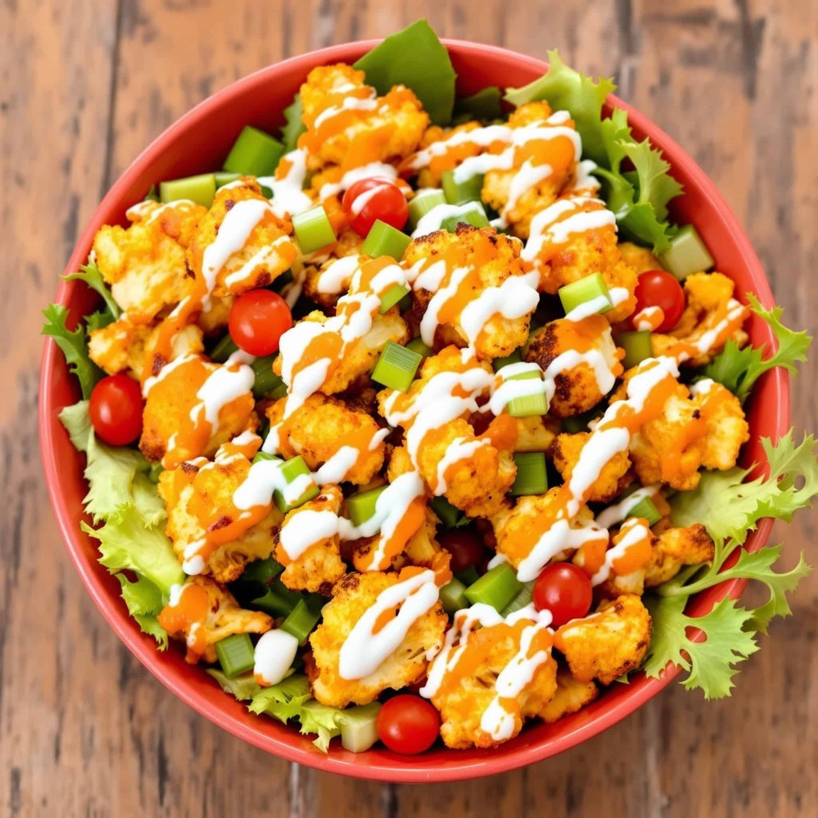 Spicy buffalo cauliflower salad with roasted cauliflower, greens, tomatoes, and ranch dressing on a wooden table.