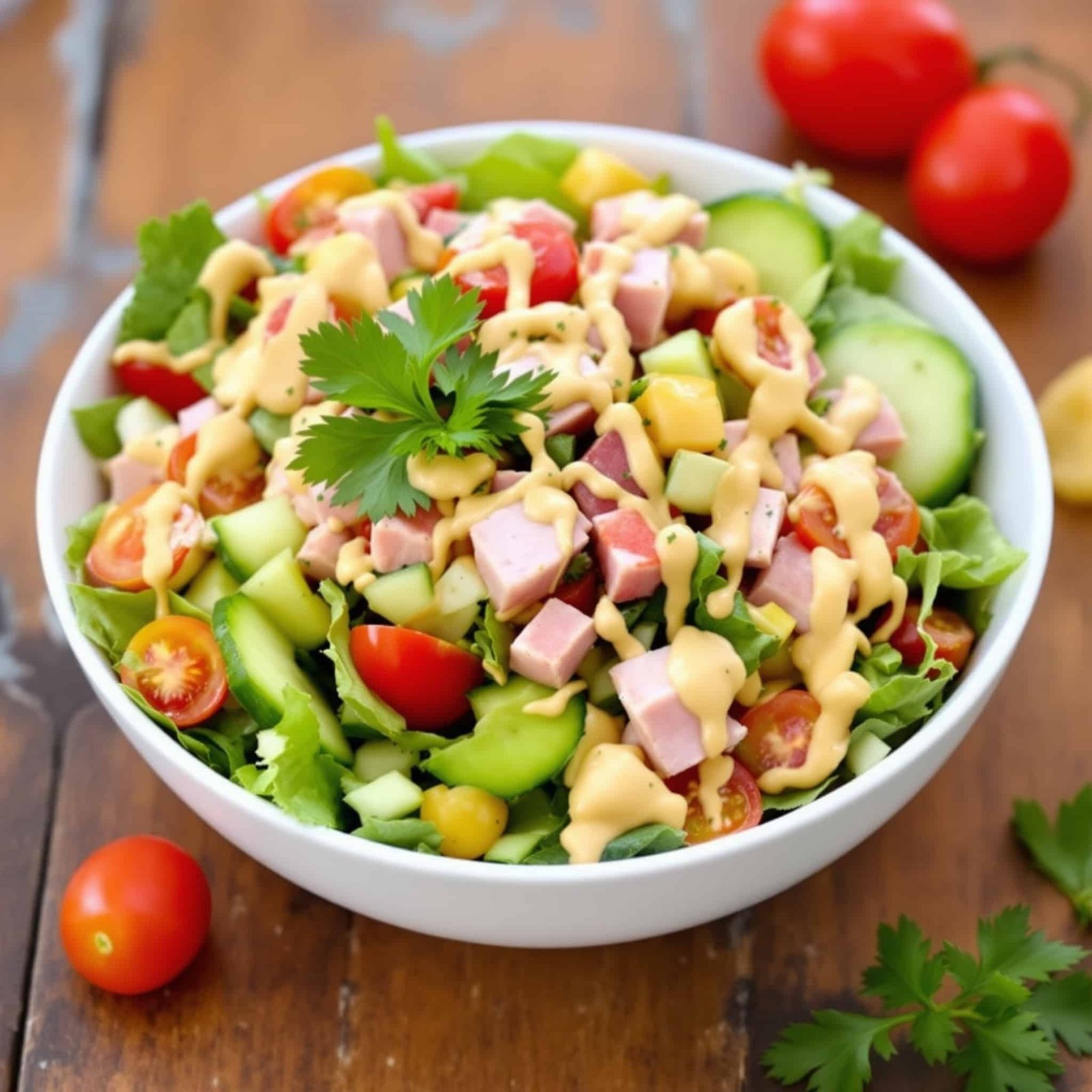 Honey Mustard Ham Salad Recipe A colorful honey mustard ham salad with ham, greens, tomatoes, and cucumbers on a wooden table.