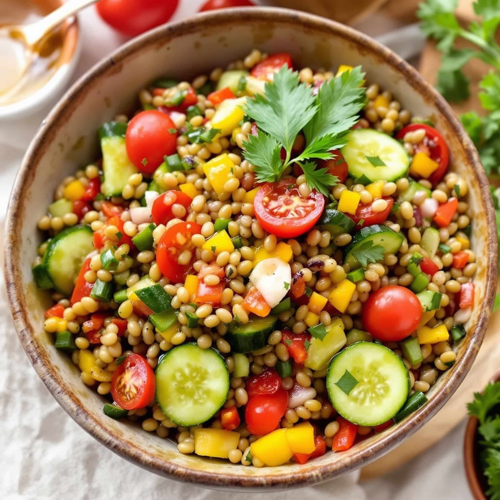 Mediterranean Lentil Salad Recipe Colorful Mediterranean Lentil Salad with cucumbers, bell peppers, and cherry tomatoes in a bowl, garnished with parsley.