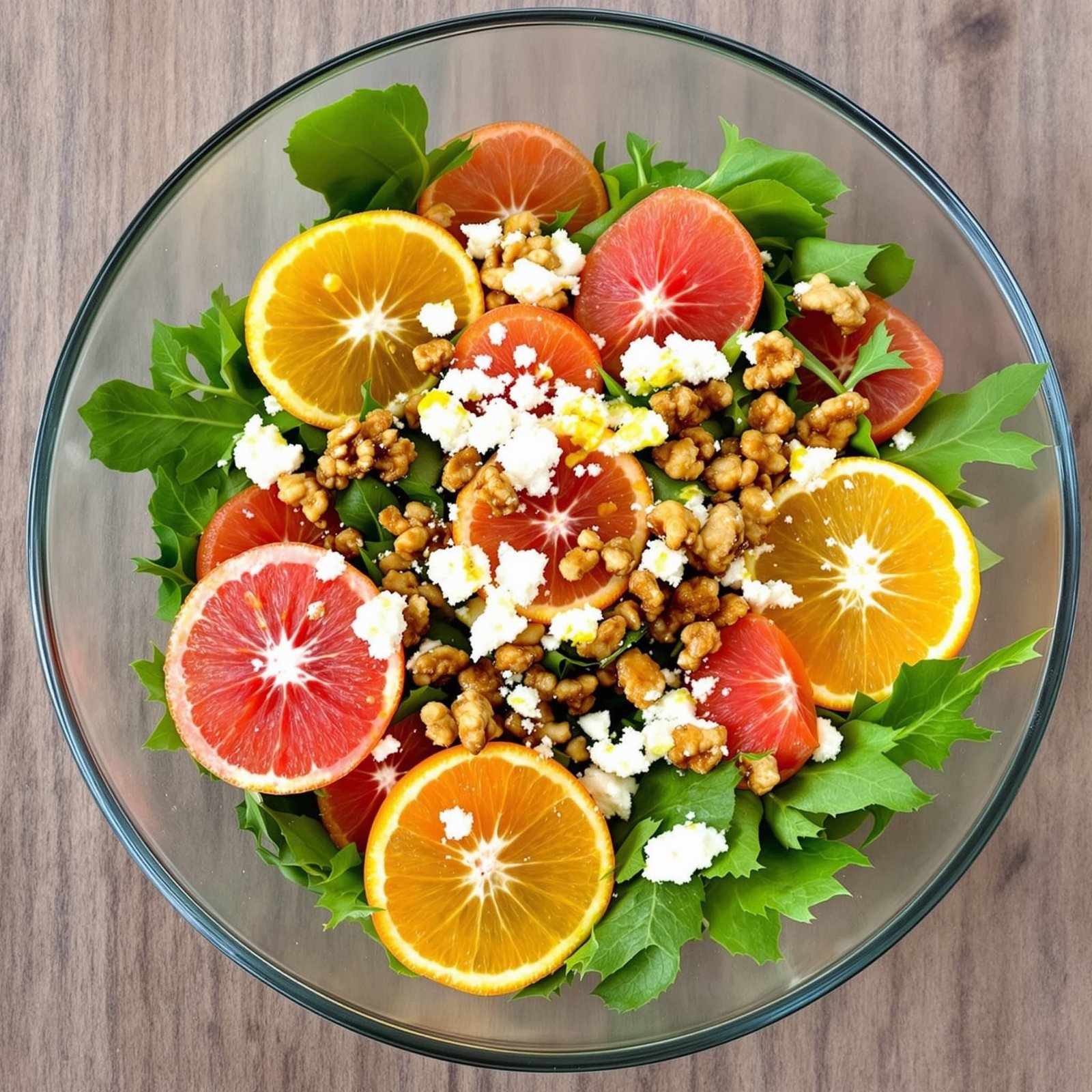 Fresh Watercress Citrus Salad Recipe A fresh watercress citrus salad with oranges, grapefruits, walnuts, and feta cheese in a bowl.