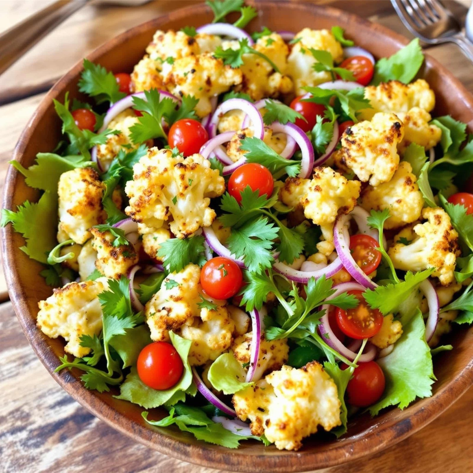 Roasted Garlic Cauliflower Salad Recipe A colorful salad with roasted cauliflower, mixed greens, cherry tomatoes, and red onion, garnished with parsley and dressed with vinaigrette.