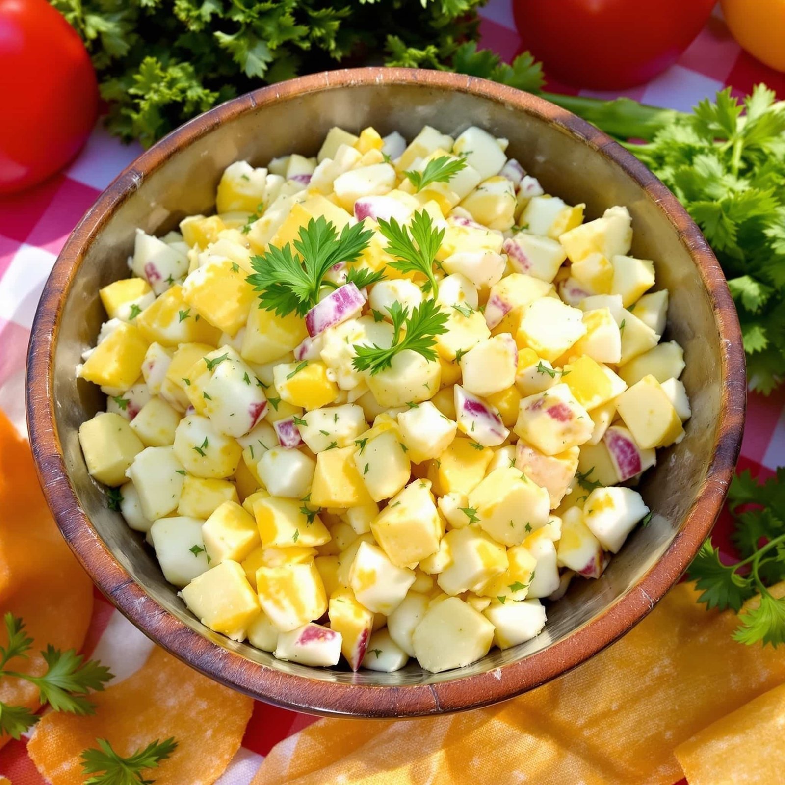 Creamy Deviled Egg Potato Salad Recipe A bowl of creamy deviled egg potato salad with diced potatoes and chopped eggs, garnished with parsley on a picnic table.