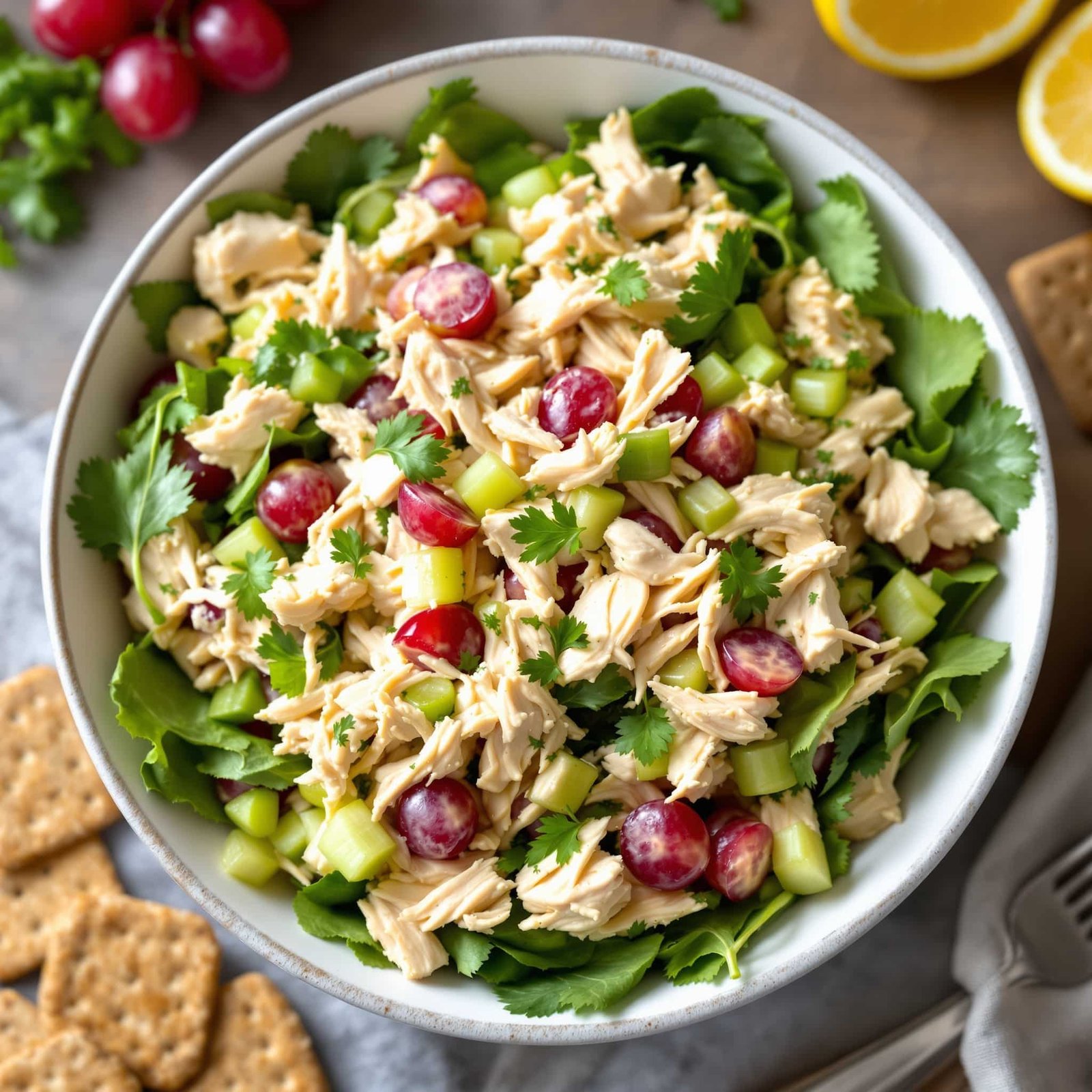 Greek yogurt chicken salad with shredded chicken, grapes, and celery in a bowl, garnished with parsley.