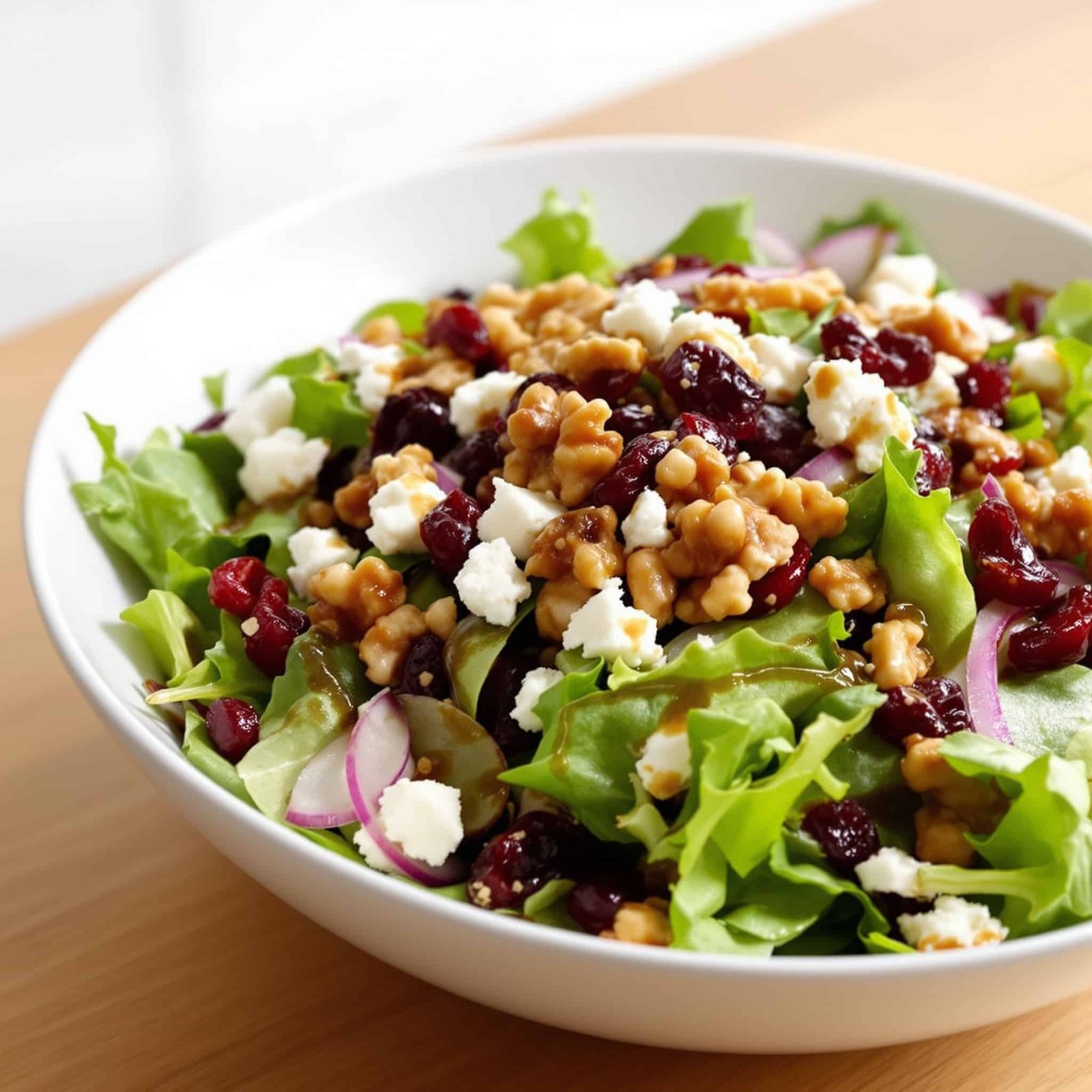 Sweet Cranberry Walnut Salad Recipe A colorful Sweet Cranberry Walnut Salad with greens, cranberries, walnuts, and feta cheese on a rustic wooden table.
