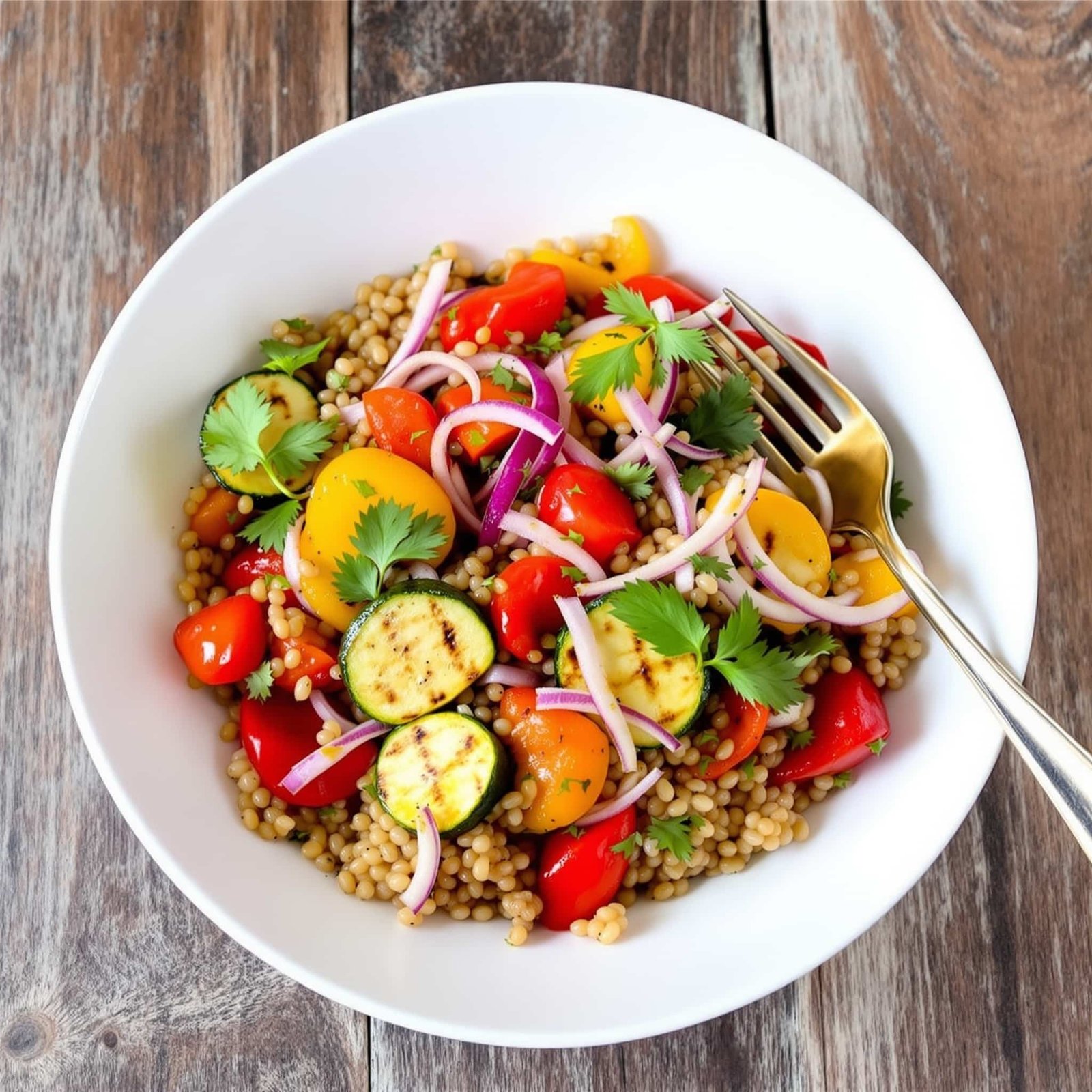 A colorful grilled veggie farro salad in a bowl, featuring grilled peppers, zucchini, and red onions garnished with parsley.