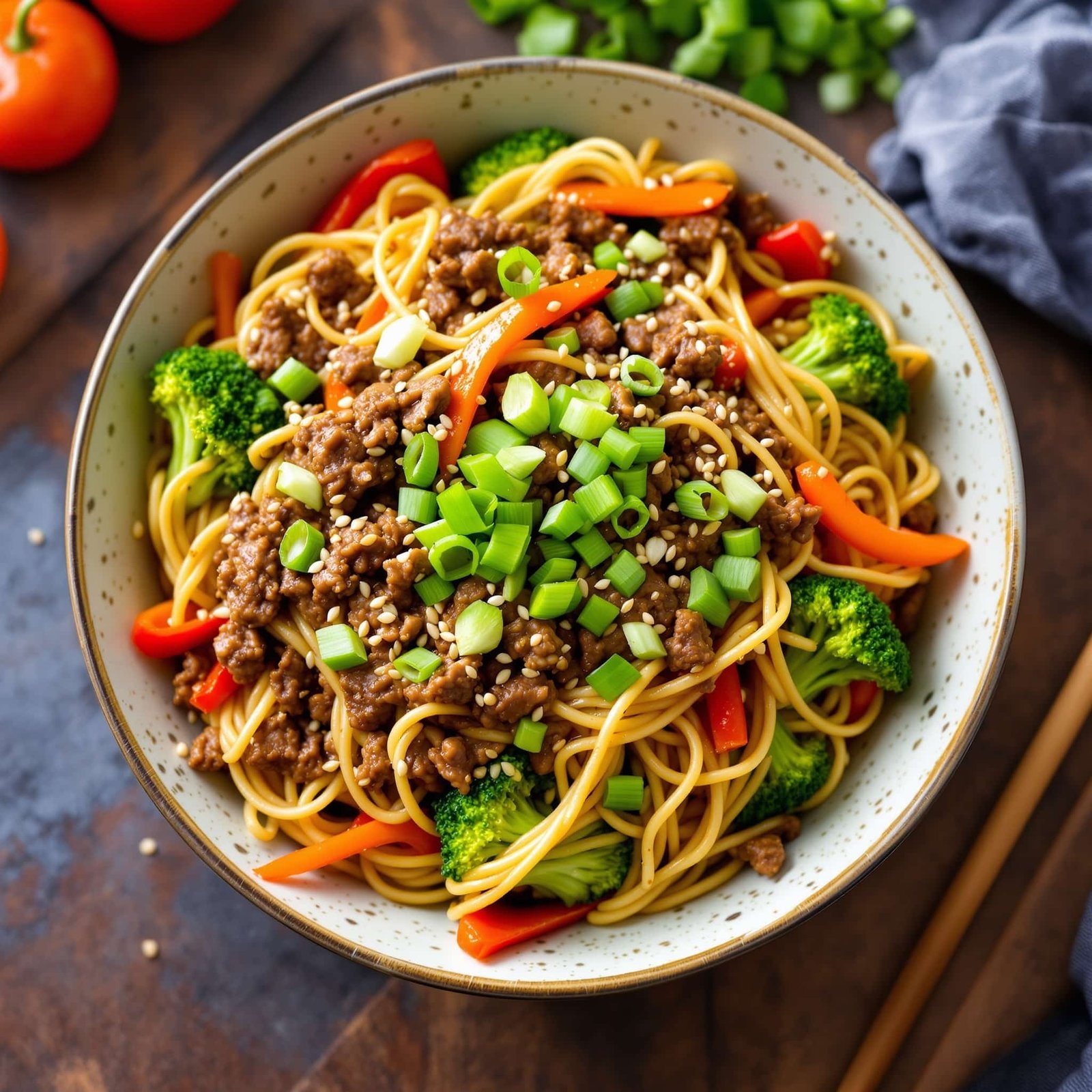A bowl of ground beef ramen stir fry with broccoli, bell peppers, and carrots garnished with green onions and sesame seeds.