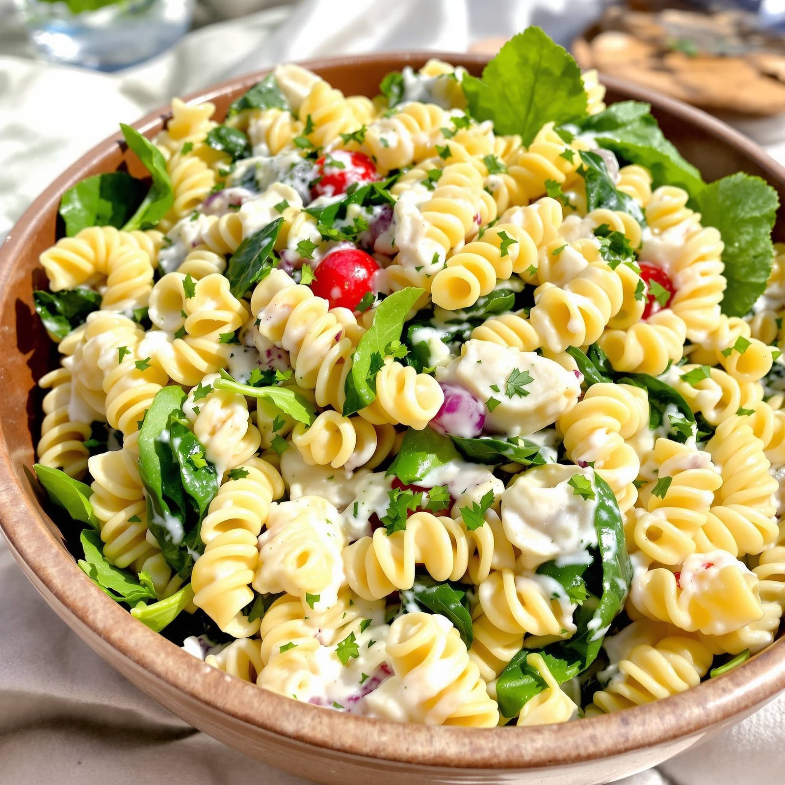 Creamy Spinach Artichoke Pasta Salad Recipe A colorful bowl of creamy spinach artichoke pasta salad with rotini, spinach, and artichoke hearts, garnished with parsley.