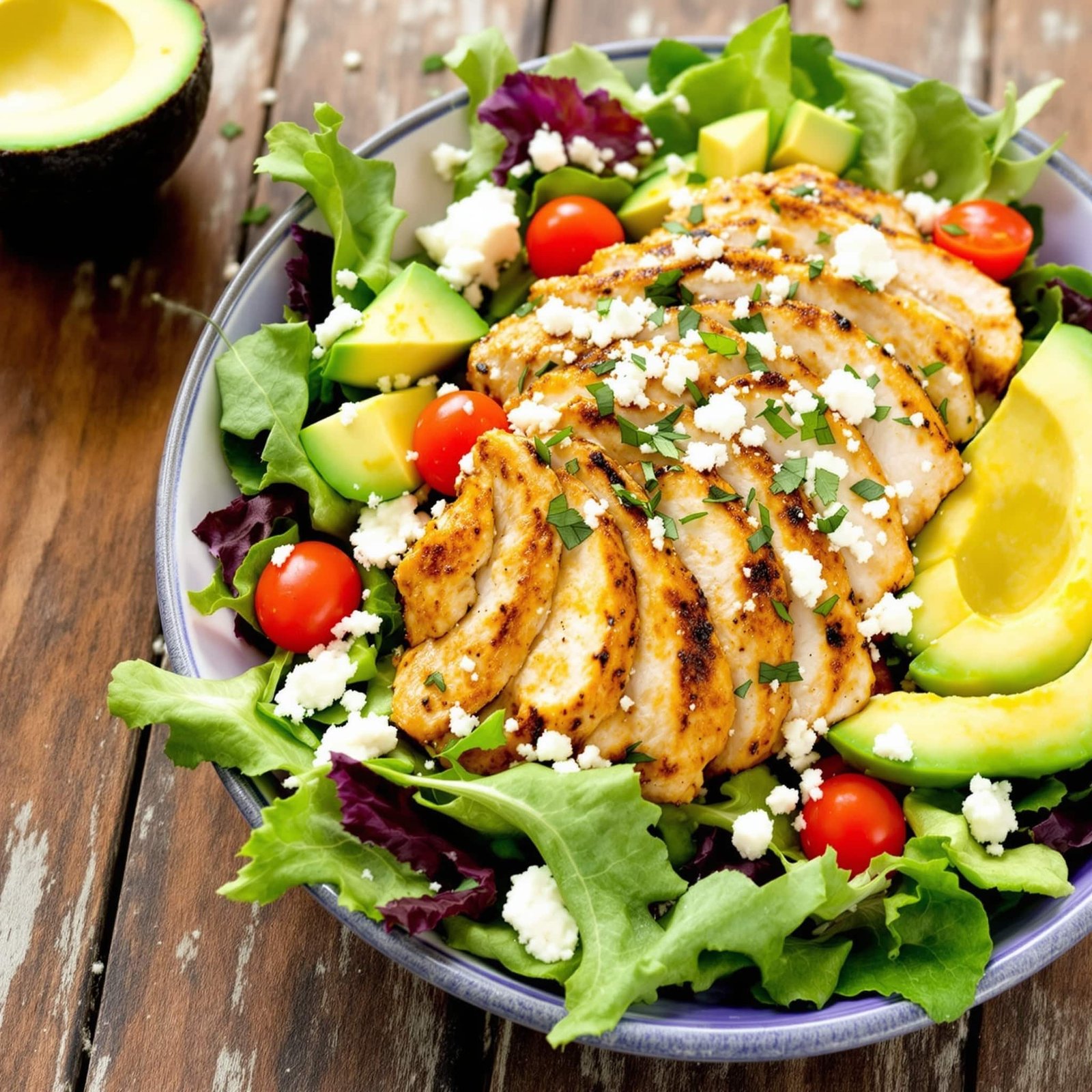 Cajun Chicken Avocado Salad Recipe Cajun chicken avocado salad with grilled chicken, mixed greens, avocado, cherry tomatoes, and feta cheese on a rustic table.