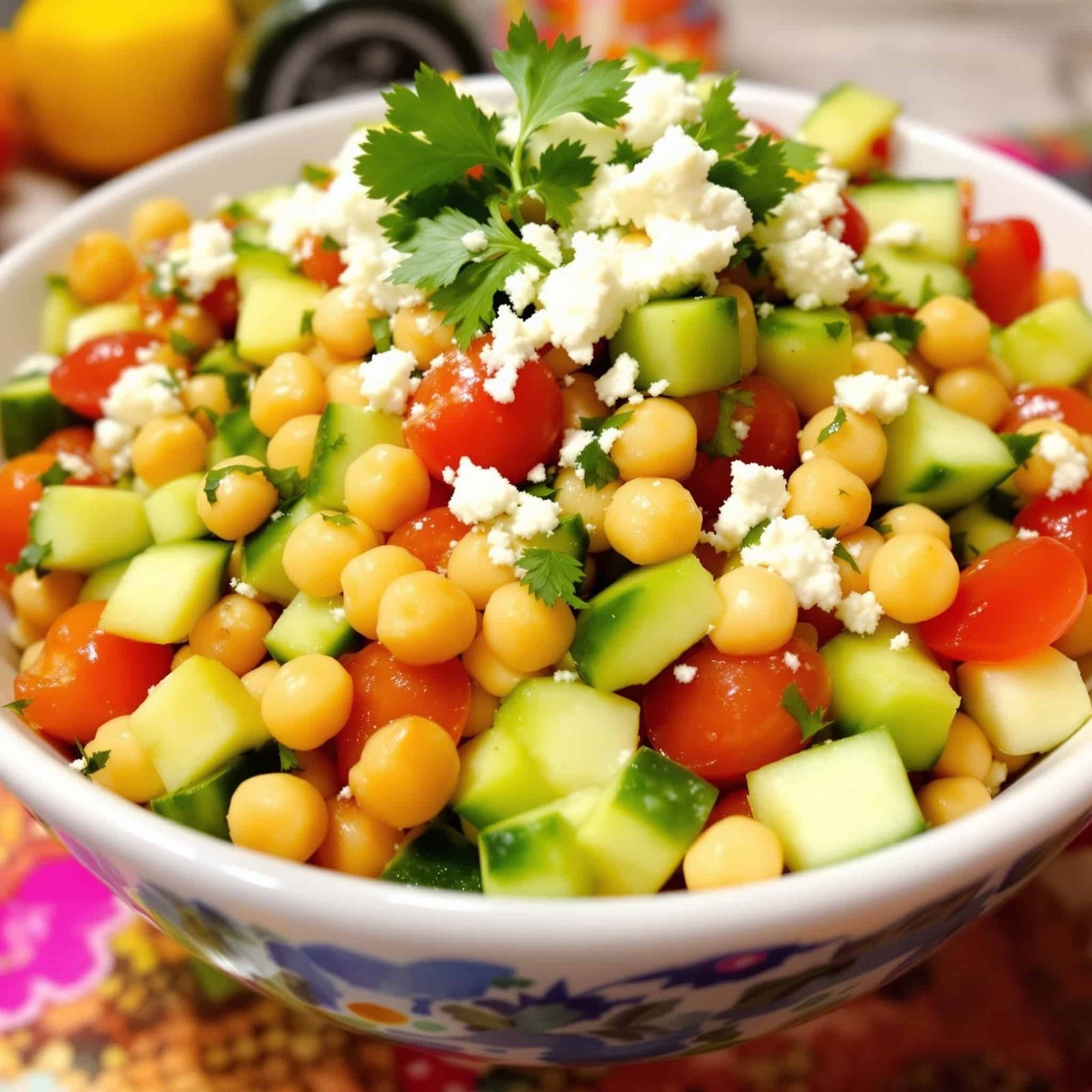 Refreshing Lemon Chickpea Cucumber Salad Recipe A fresh, colorful bowl of chickpea cucumber salad with tomatoes and parsley, showcasing a bright lemon dressing.