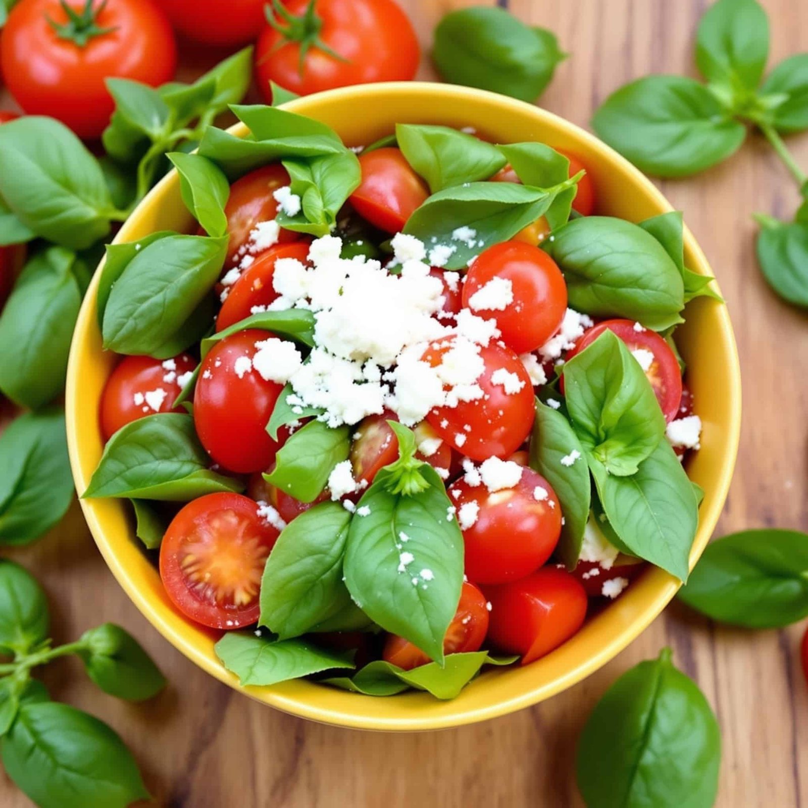 A fresh tomato basil salad with diced tomatoes, basil leaves, and feta cheese, presented in a rustic bowl on a wooden table.