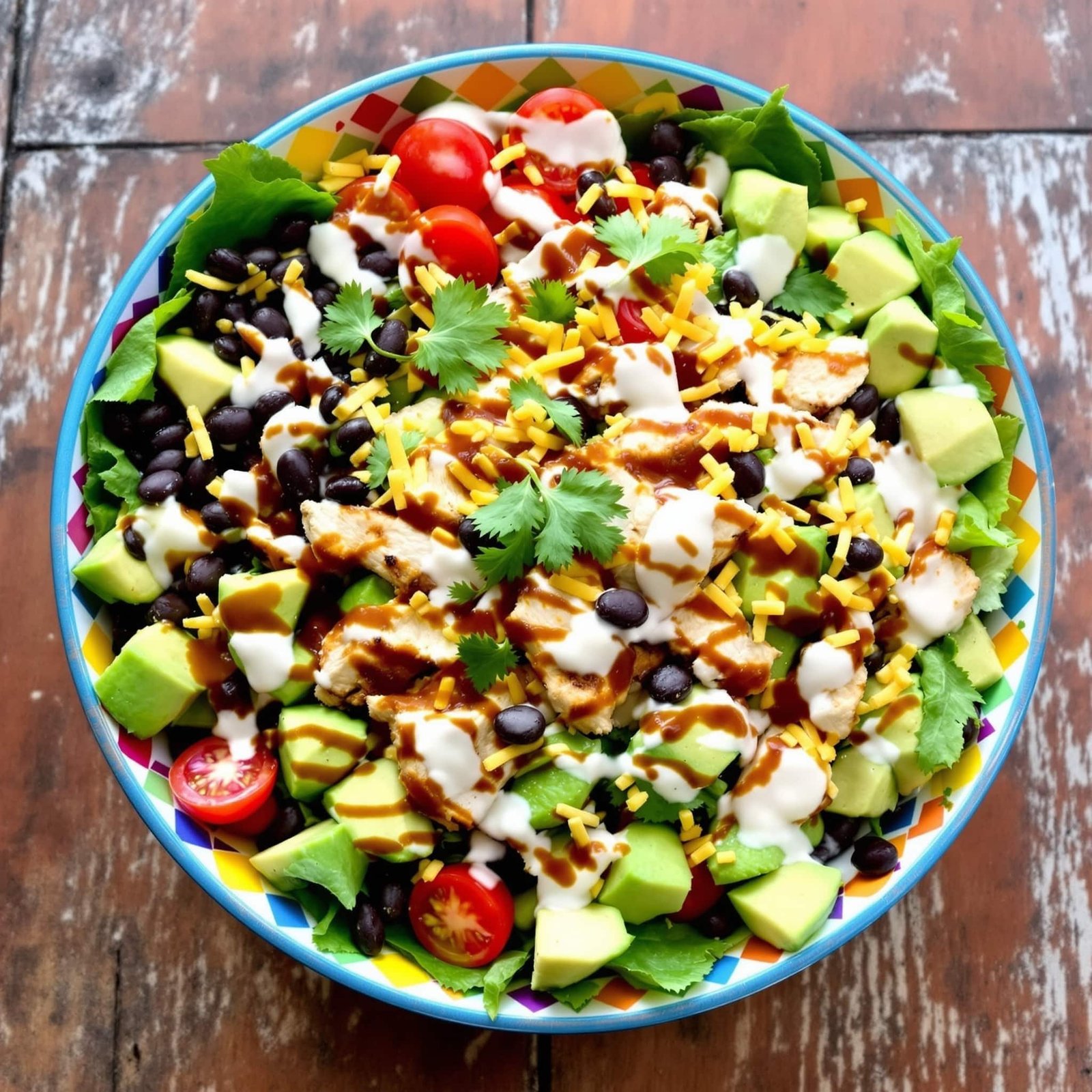 A delicious BBQ Chicken Chopped Salad with mixed greens, grilled chicken, avocado, tomatoes, and black beans on a wooden table.