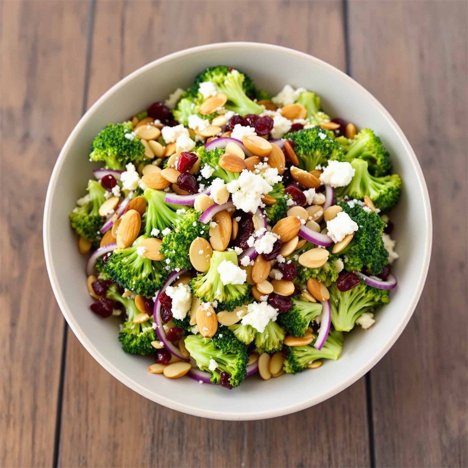 A colorful bowl of broccoli almond salad with almonds, cranberries, and feta on a rustic wooden table.