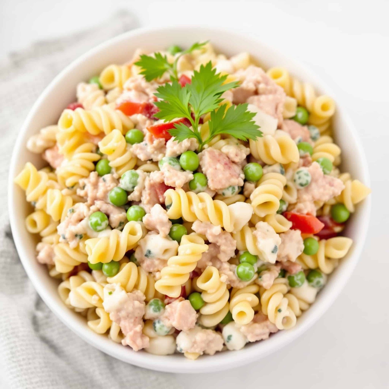 A vibrant bowl of creamy tuna pasta salad with pasta, peas, and tuna, garnished with parsley.
