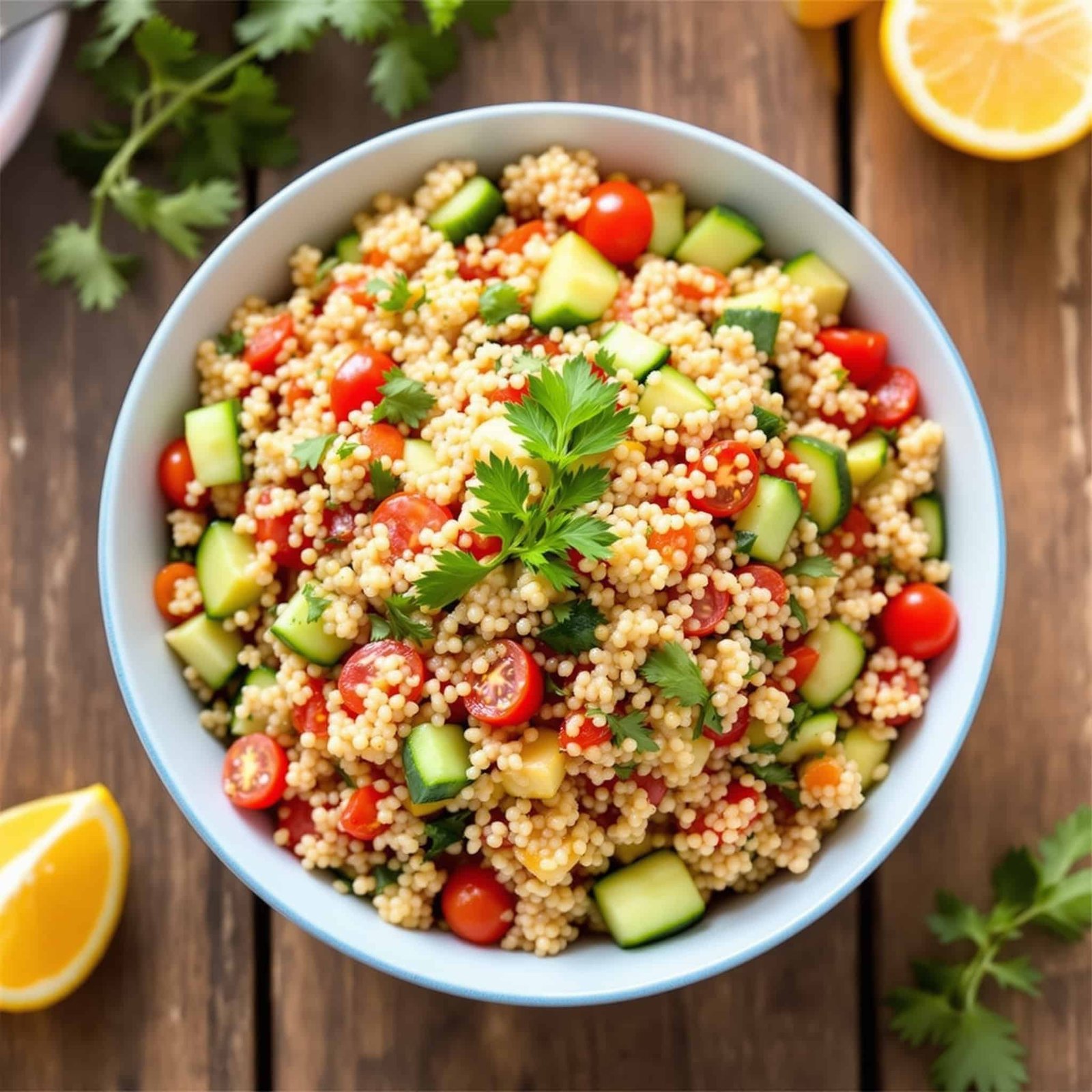A colorful quinoa salad with roasted red peppers, cucumbers, and cherry tomatoes, garnished with parsley on a wooden table.