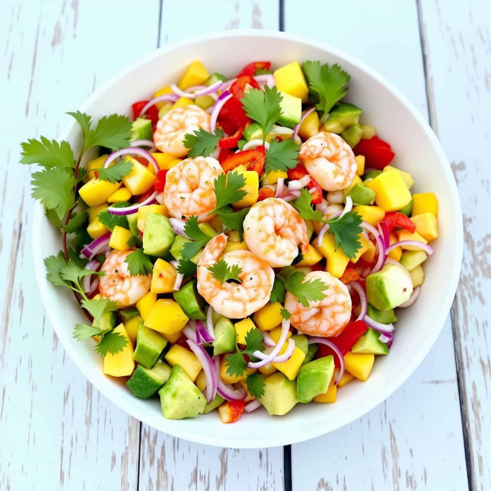 A colorful mango avocado shrimp salad with shrimp, mango, avocado, bell pepper, and lime dressing in a bowl.
