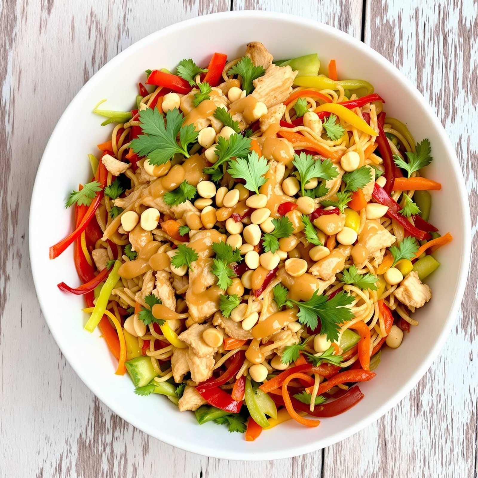 A colorful Spicy Peanut Chicken Noodle Salad with chicken, noodles, and fresh veggies topped with peanuts on a wooden table.