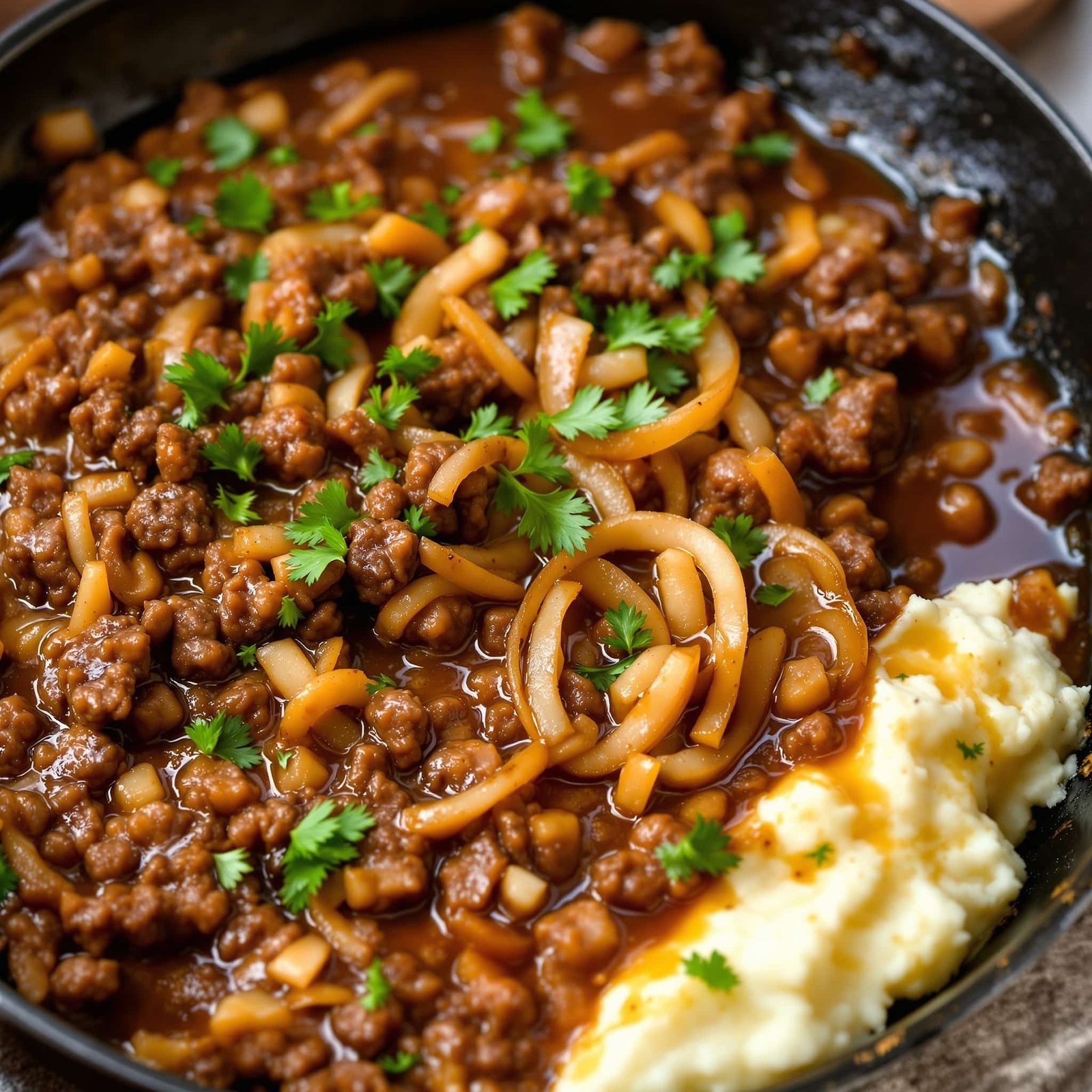 A hearty beef and onion gravy skillet with fresh parsley, served with mashed potatoes.