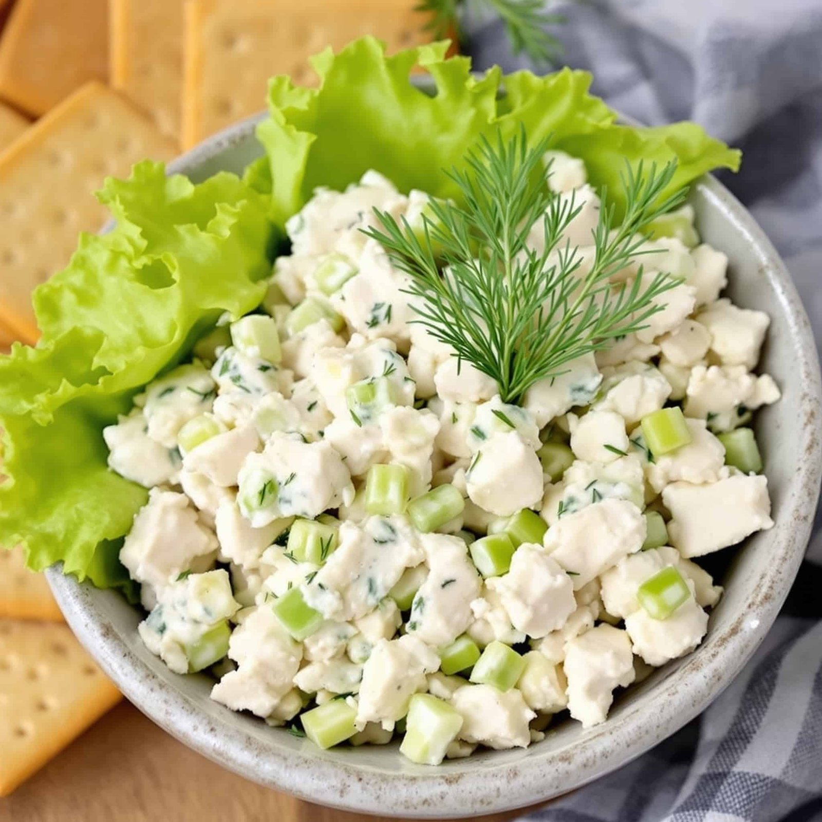 Creamy Dill Chicken Salad Recipe A bowl of creamy dill chicken salad with chicken, celery, and dill, served with lettuce and crackers.