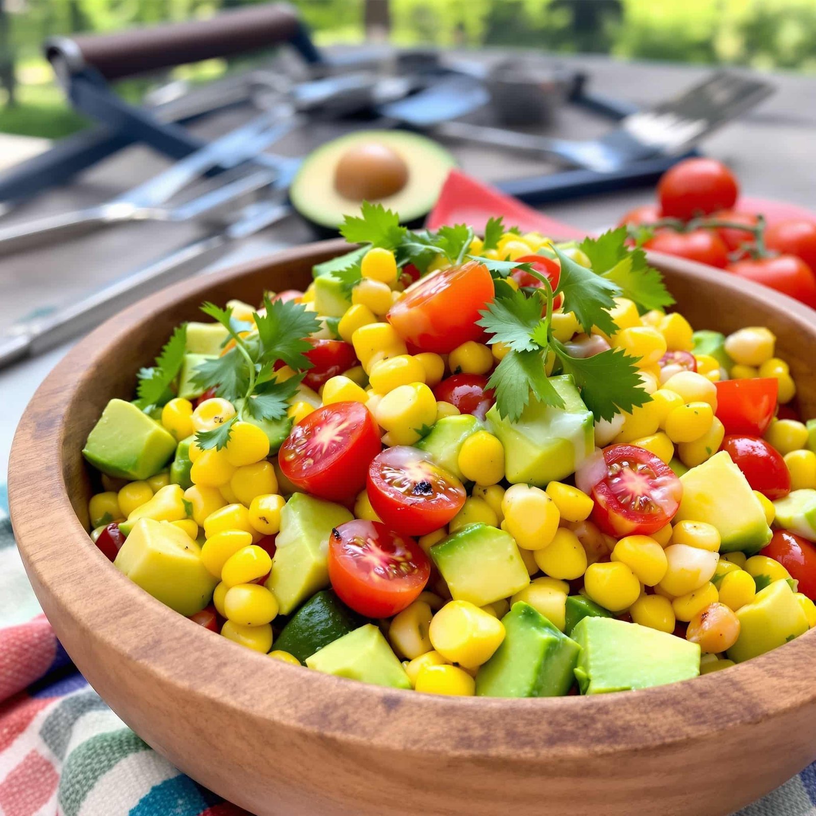 A fresh grilled corn and avocado salad with tomatoes and cilantro, served in a wooden bowl.