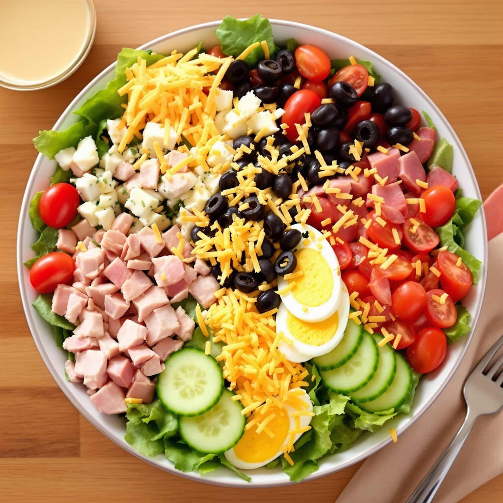 Classic Chef Salad Deluxe Recipe A colorful chef salad filled with greens, turkey, ham, eggs, cheese, and vegetables, served in a bowl on a wooden table.